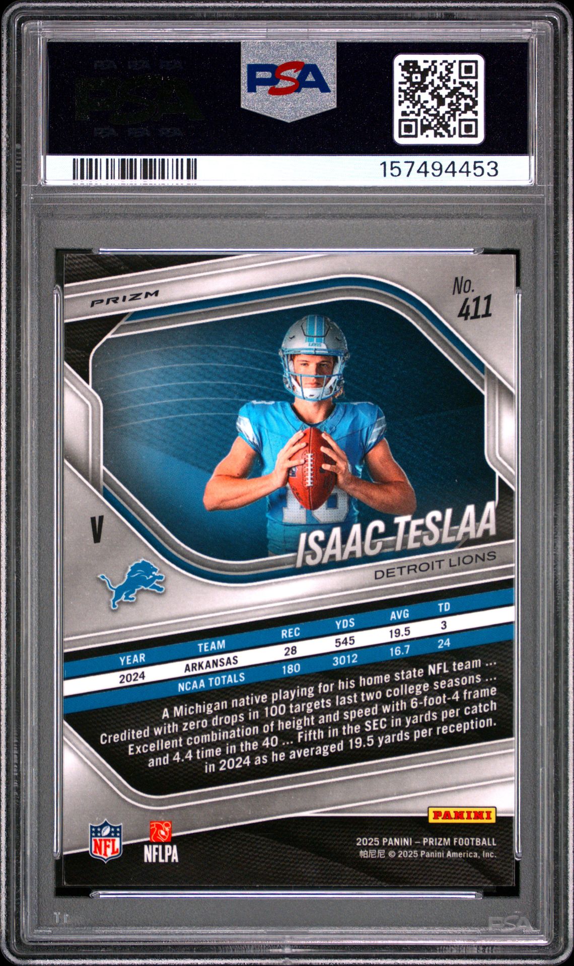 2025 Panini Prizm Isaac Teslaa #411 (No Huddle) Gem Mt 10 back view - PSA certificate #157494453