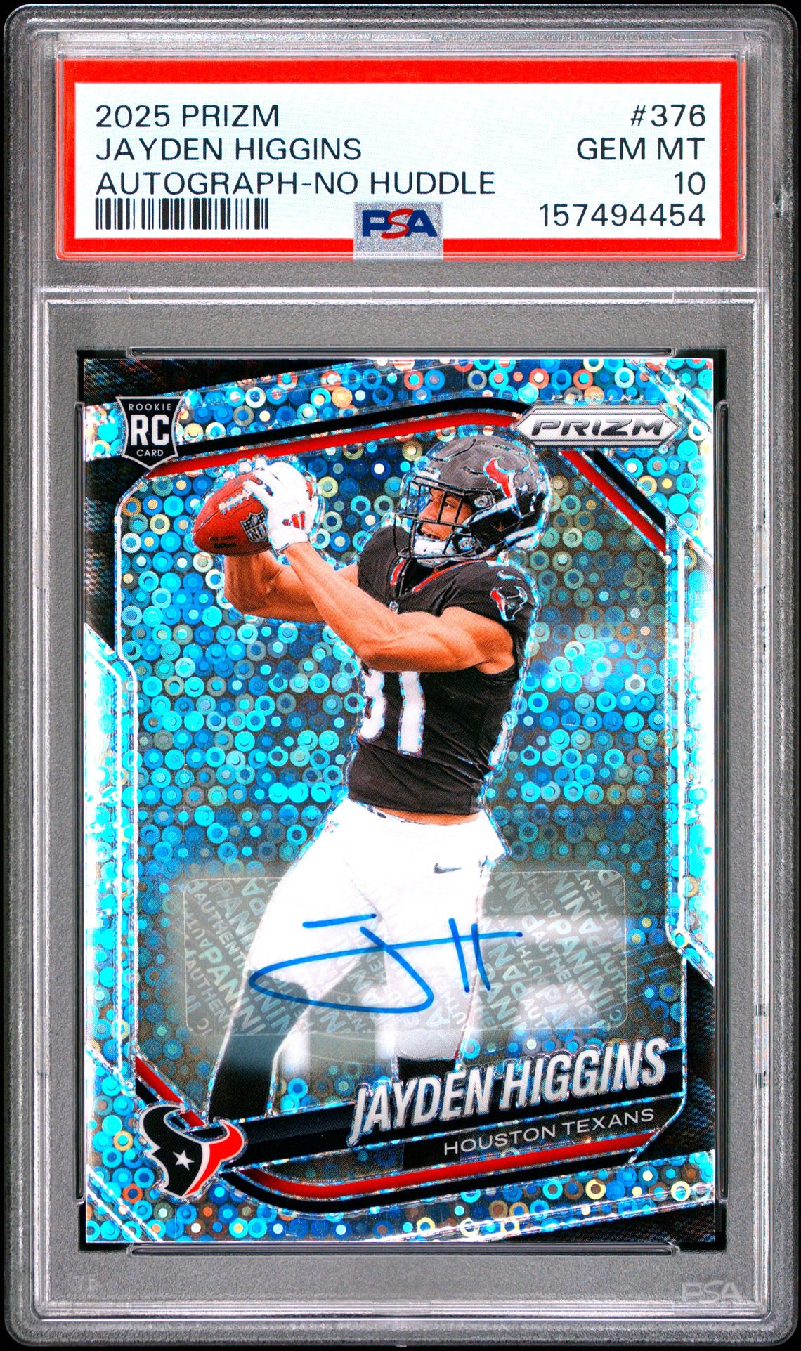 2025 Panini Prizm Jayden Higgins #376 (Autograph-No Huddle) Gem Mt 10 front view - PSA graded GEM MT 10