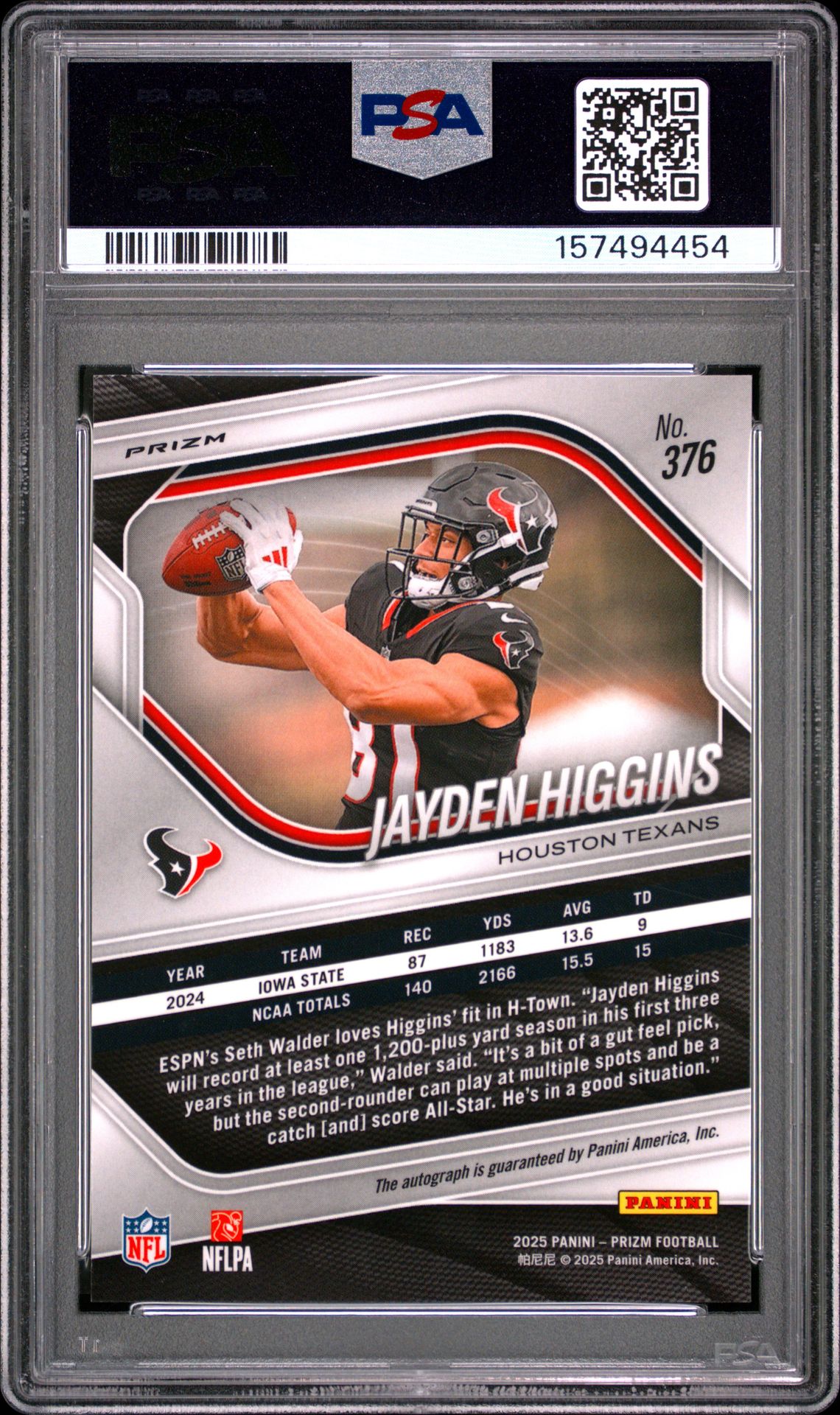 2025 Panini Prizm Jayden Higgins #376 (Autograph-No Huddle) Gem Mt 10 back view - PSA certificate #157494454