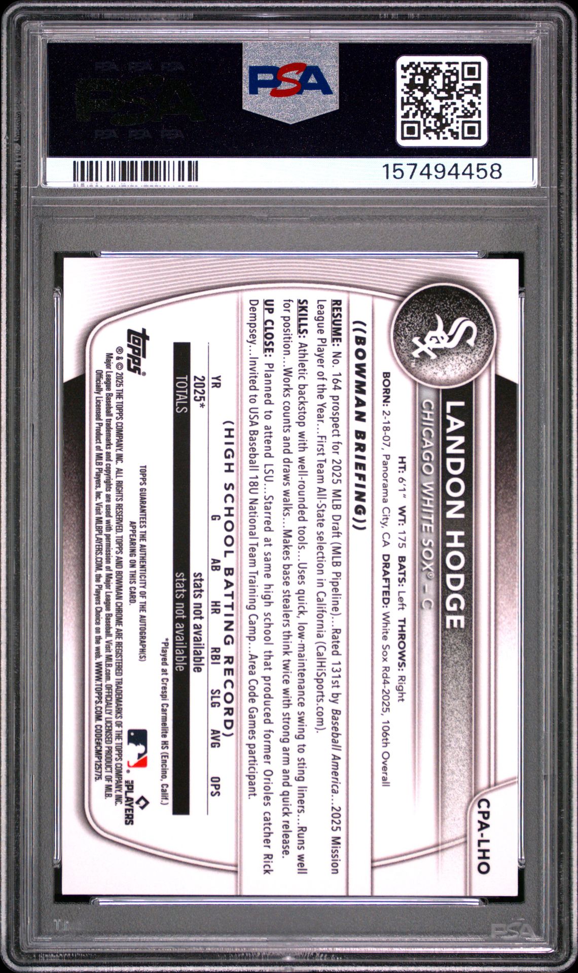 2025 Bowman Draft Chrome Prospect Autographs Landon Hodge #Cpa-Lho (Chr Prospect Au-Gold Wave) Nm-Mt 8 back