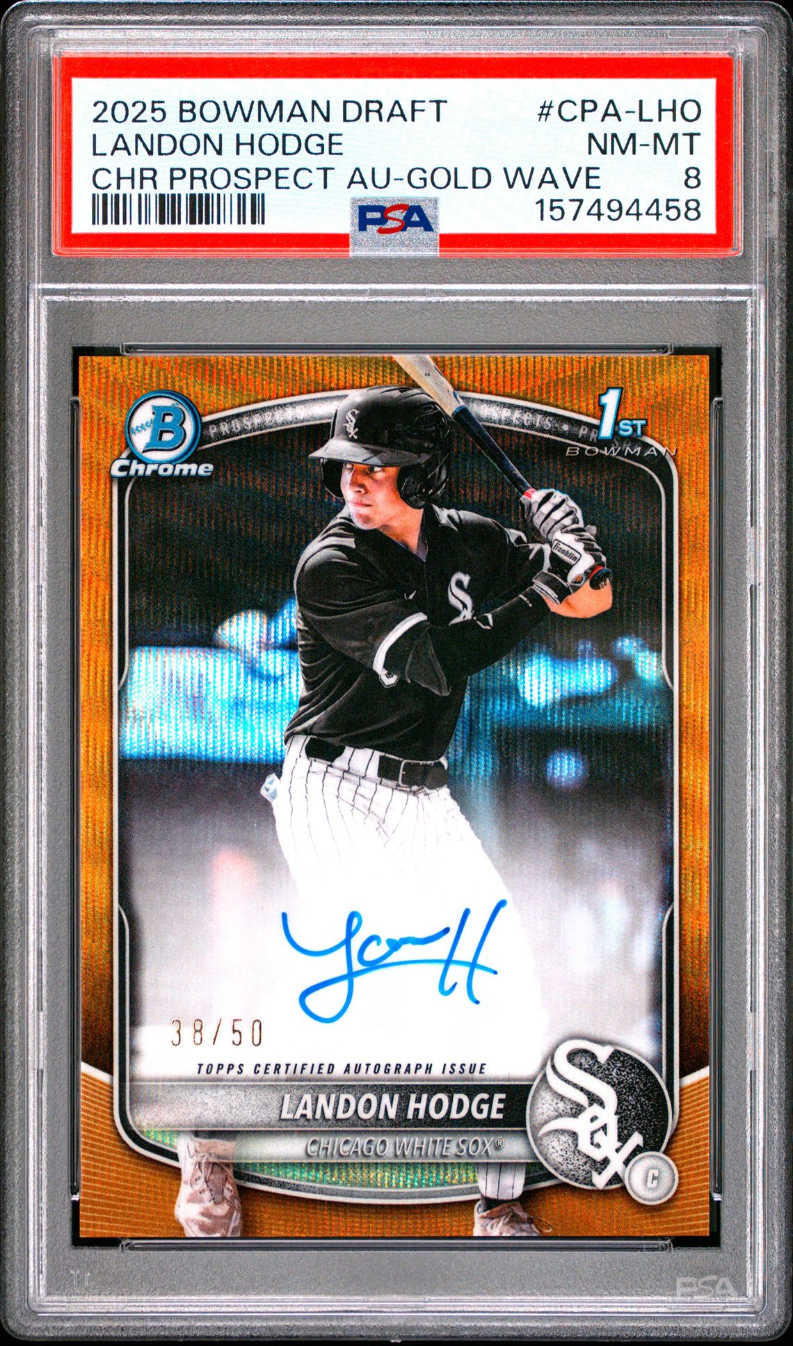 2025 Bowman Draft Chrome Prospect Autographs Landon Hodge #Cpa-Lho (Chr Prospect Au-Gold Wave) Nm-Mt 8 front