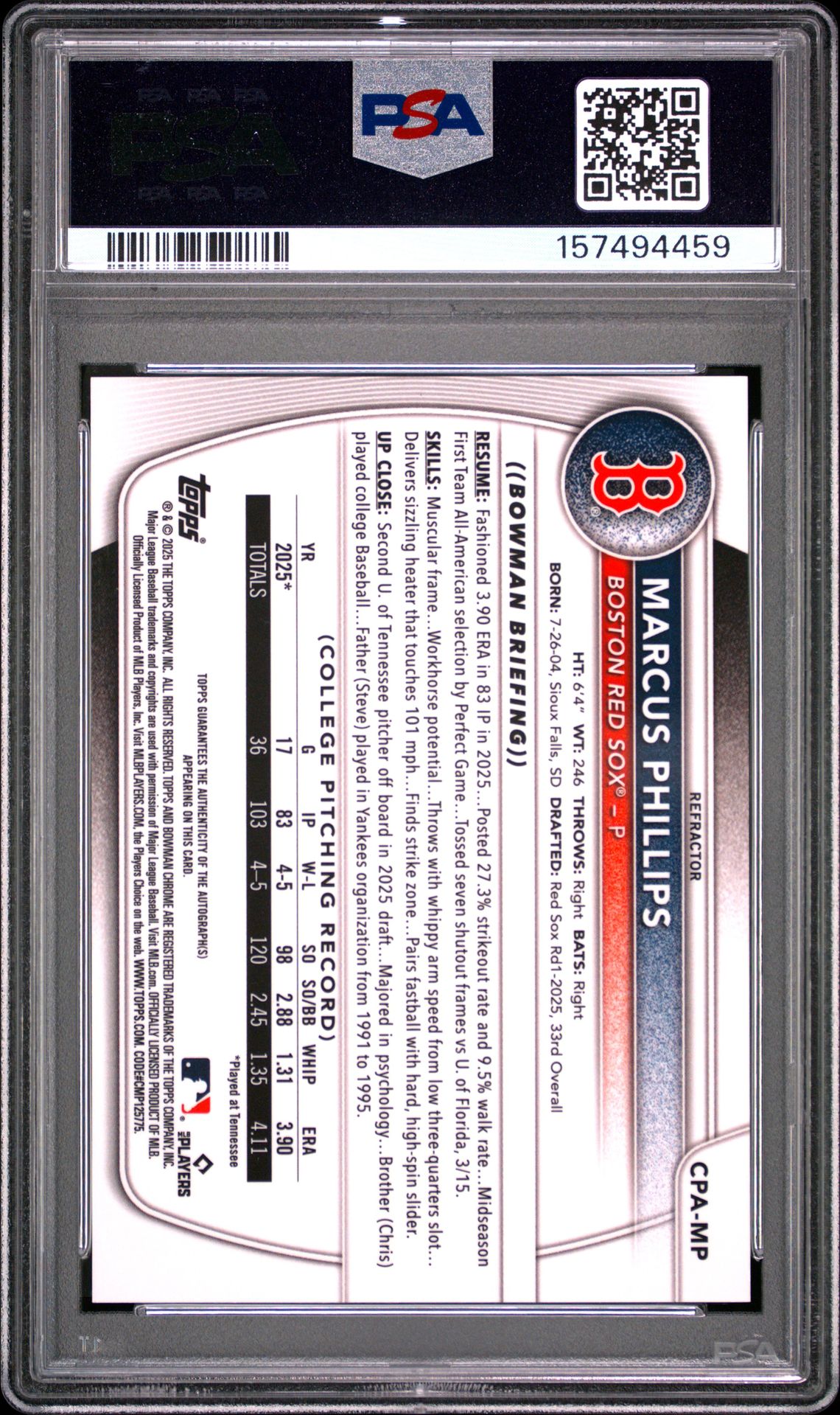 2025 Bowman Draft Chrome Prospect Autographs Marcus Phillips #Cpa-Mp (Chr Prospect Au-Refractor) Mint 9 back