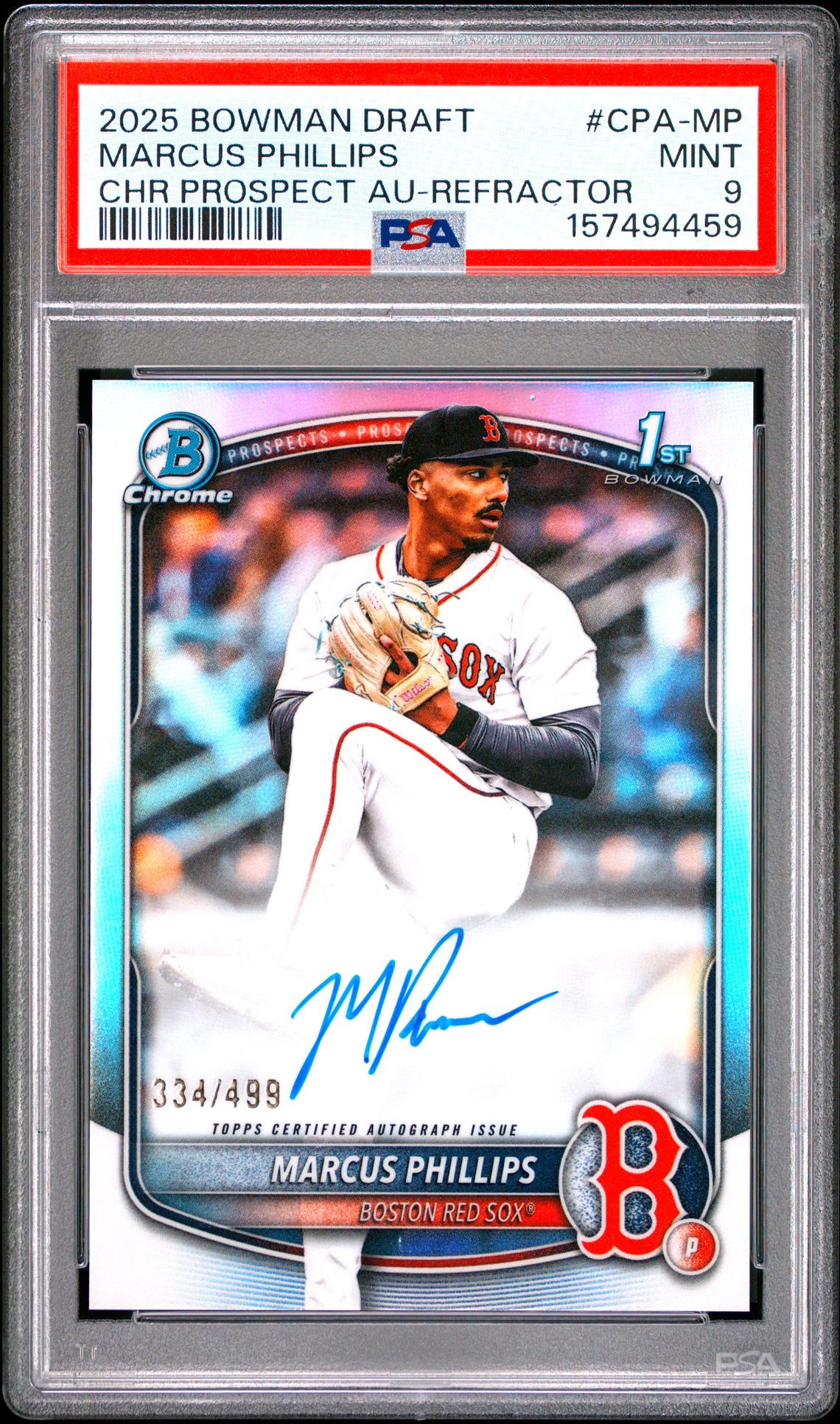 2025 Bowman Draft Chrome Prospect Autographs Marcus Phillips #Cpa-Mp (Chr Prospect Au-Refractor) Mint 9 front