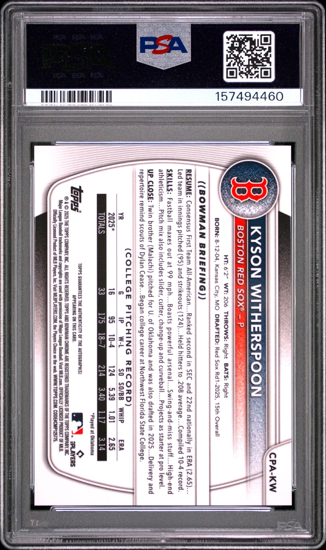 2025 Bowman Draft Chrome Prospect Autographs Kyson Witherspoon #Cpa-Kw Gem Mt 10 back