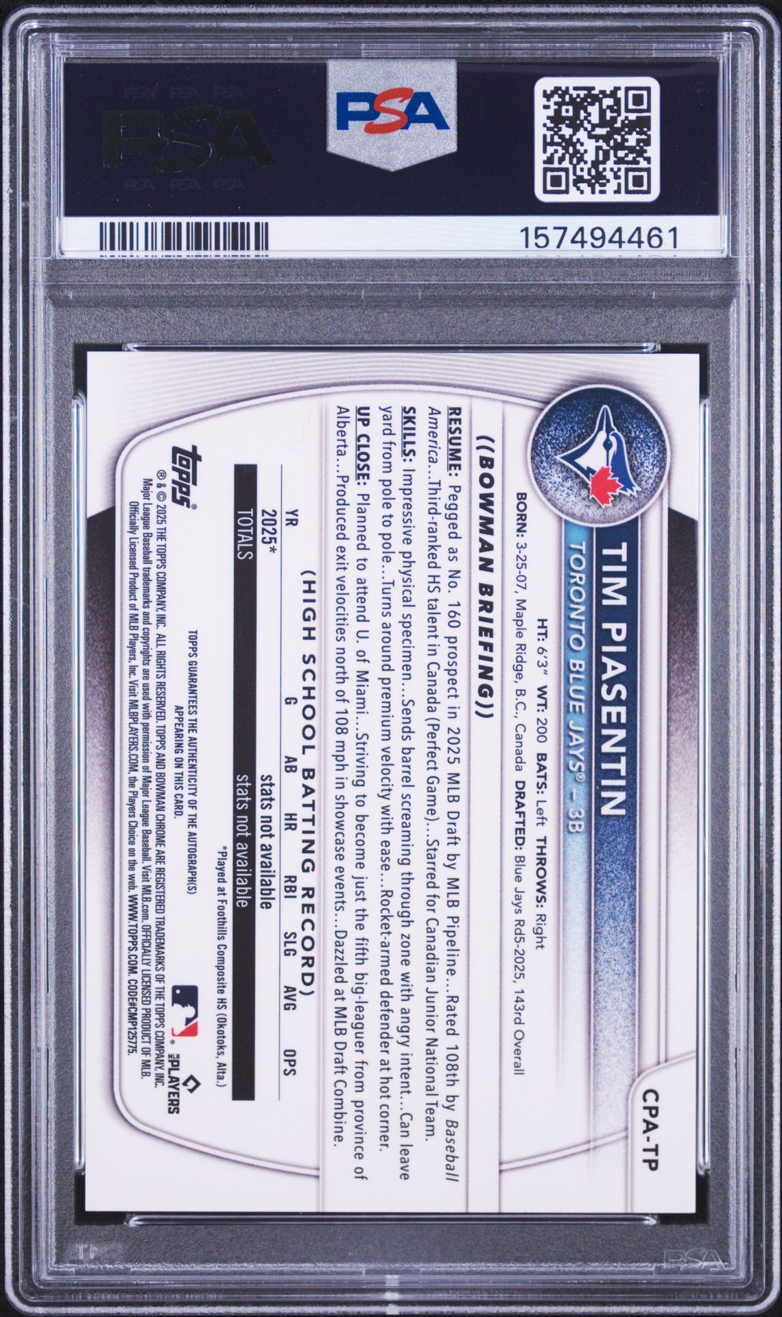 2025 Bowman Draft Chrome Prospect Autographs Tim Piasentin #Cpa-Tp Mint 9 back