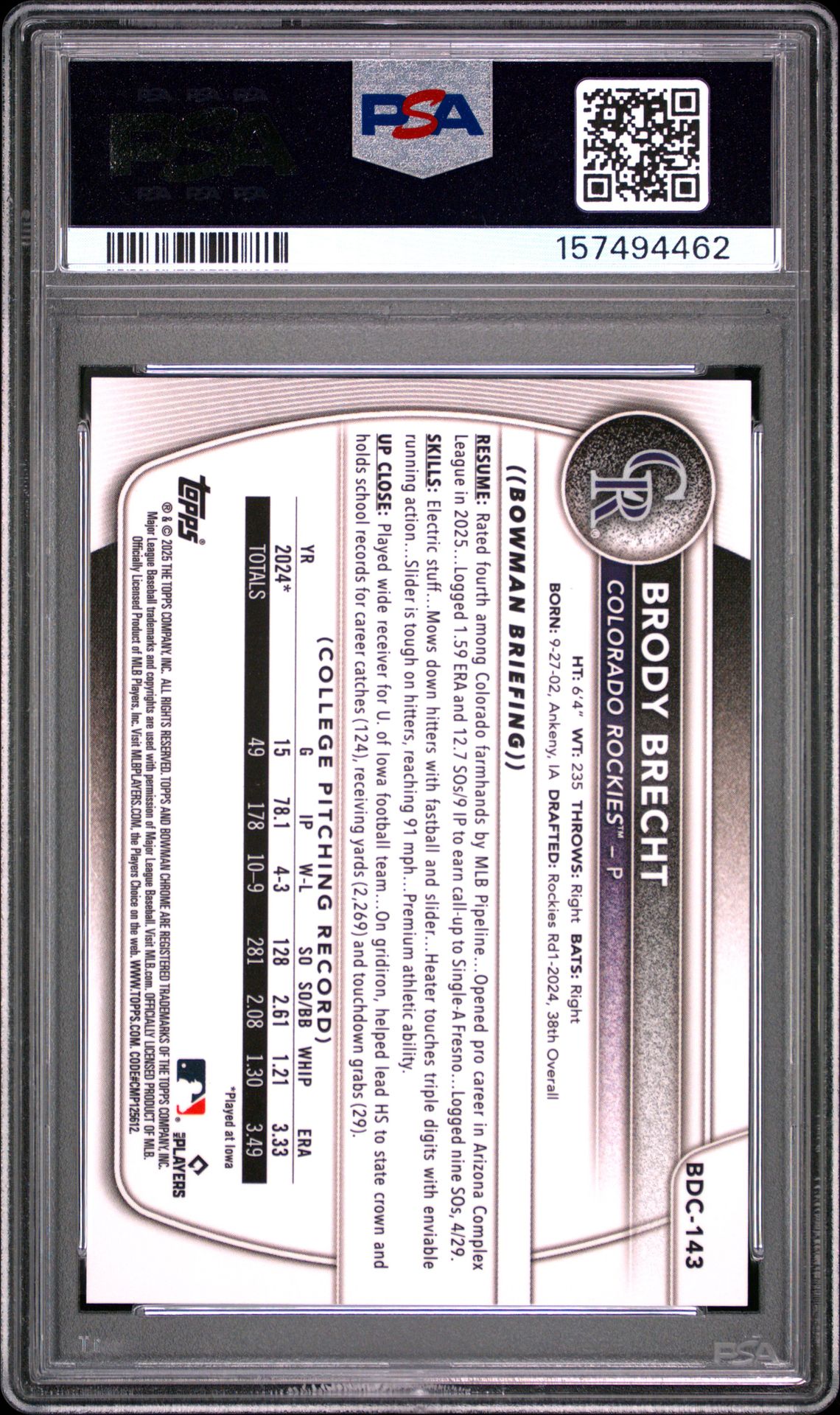 2025 Bowman Draft Brody Brecht #Bdc-143 (Chrome-Orange Geometric) Gem Mt 10 back