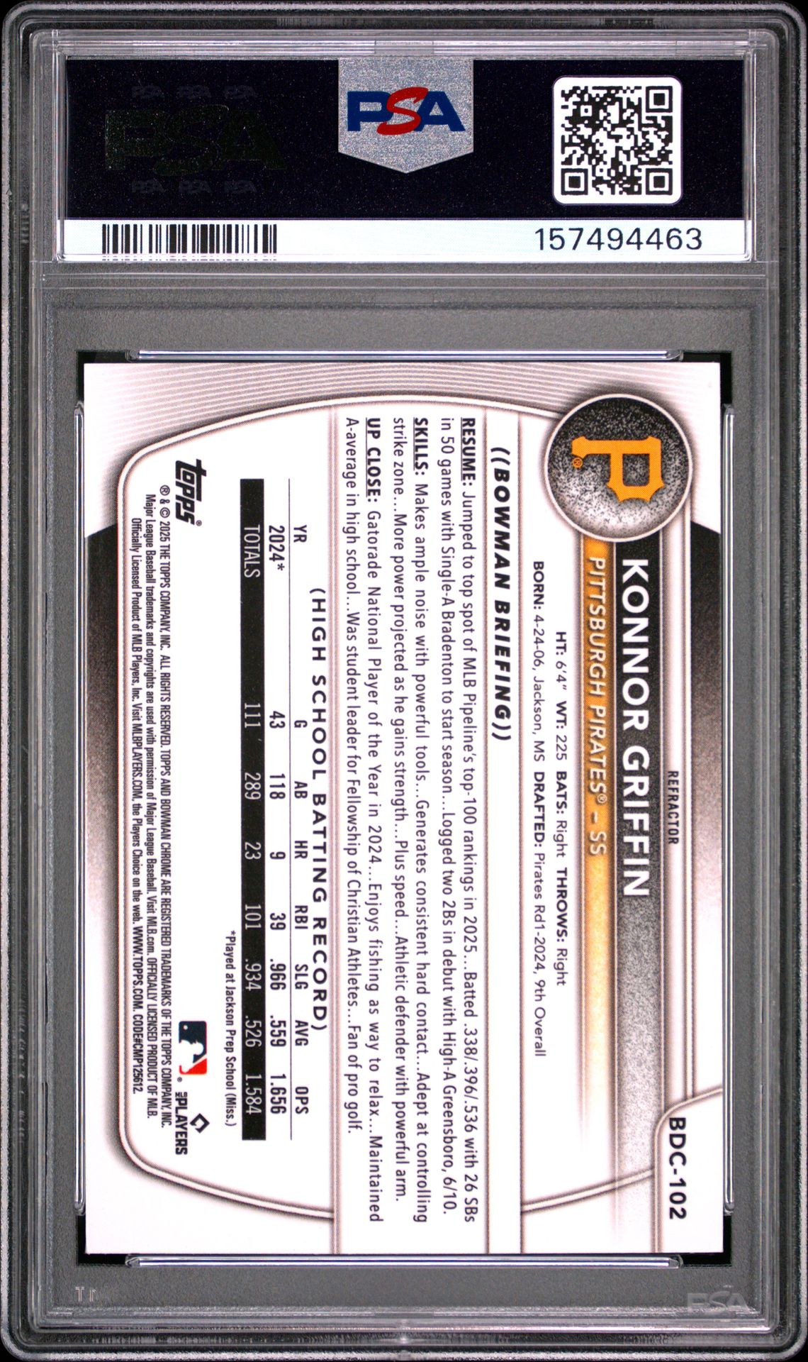 2025 Bowman Draft Konnor Griffin #Bdc-102 (Chrome-Refractor) Gem Mt 10 back view - PSA certificate #157494463