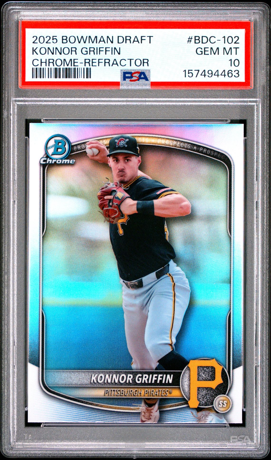2025 Bowman Draft Konnor Griffin #Bdc-102 (Chrome-Refractor) Gem Mt 10 front view - PSA graded GEM MT 10