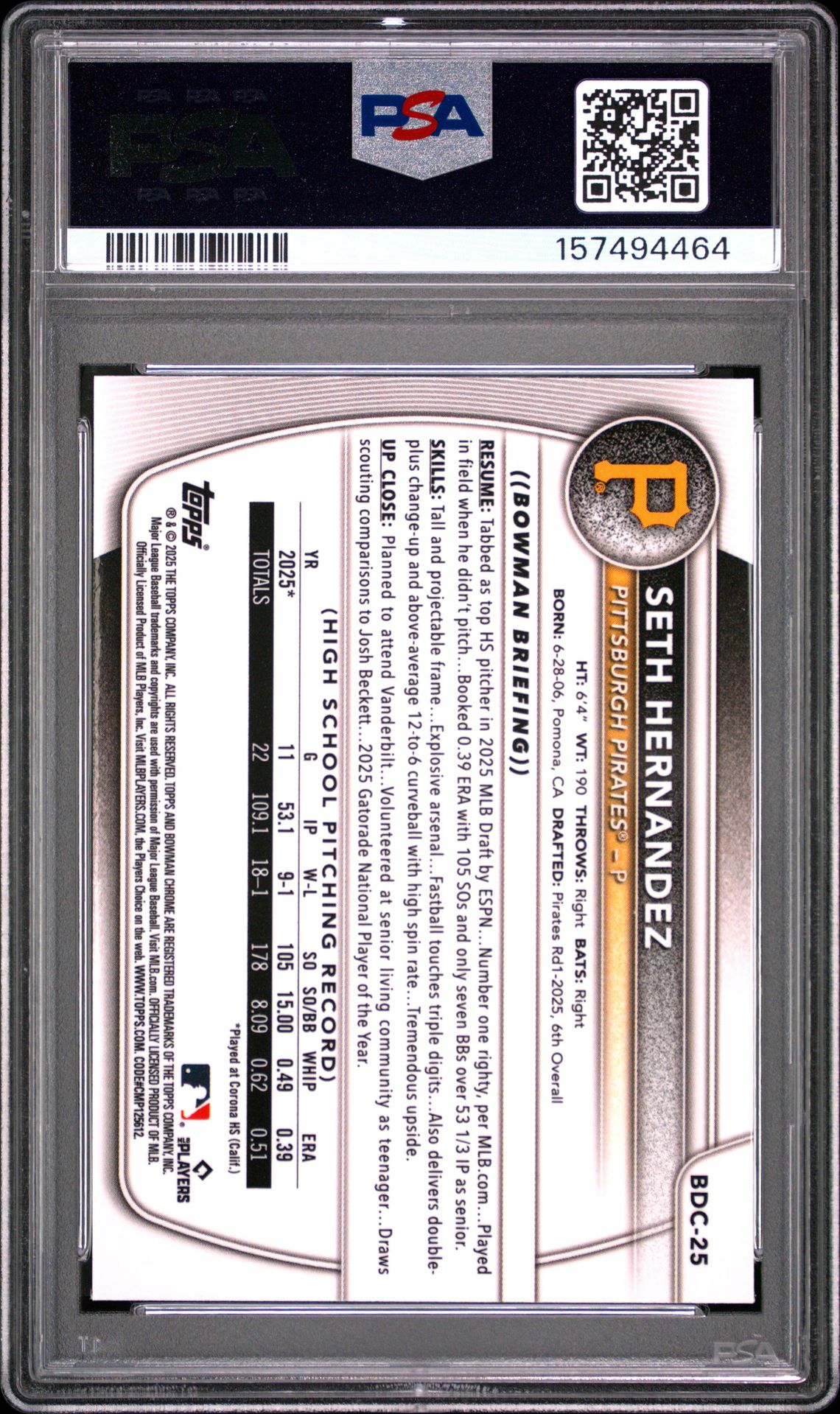 2025 Bowman Draft Sapphire Edition Seth Hernandez #25 Nm-Mt 8 back
