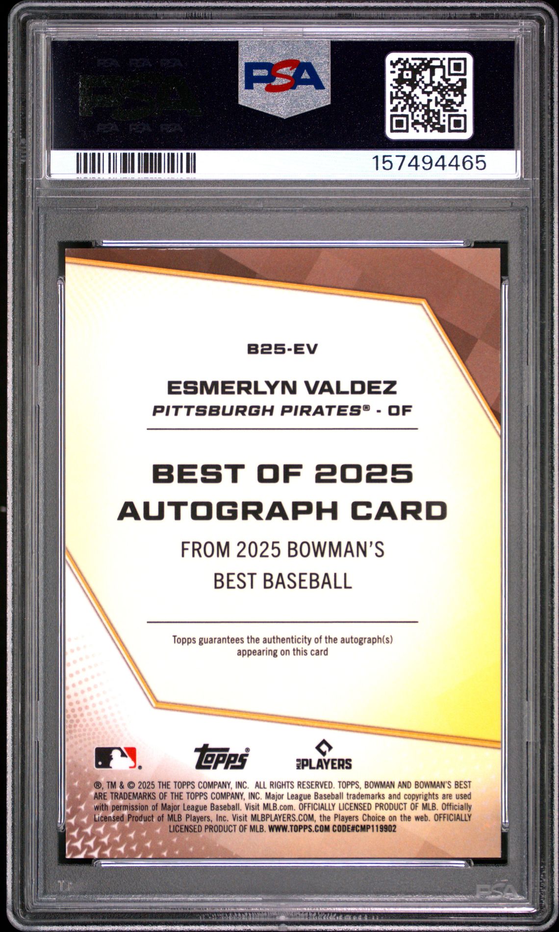 2025 Bowman's Best Best Of 2025 Autographs Esmerlyn Valdez #B25-Ev (Best Of 2025 Au-Orange Ref) Gem Mt 10 back view - PSA certificate #157494465