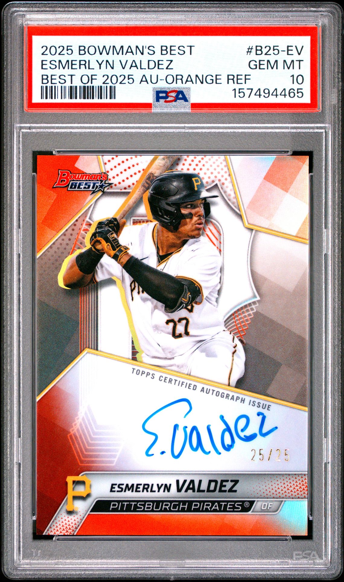 2025 Bowman's Best Best Of 2025 Autographs Esmerlyn Valdez #B25-Ev (Best Of 2025 Au-Orange Ref) Gem Mt 10 front view - PSA graded GEM MT 10