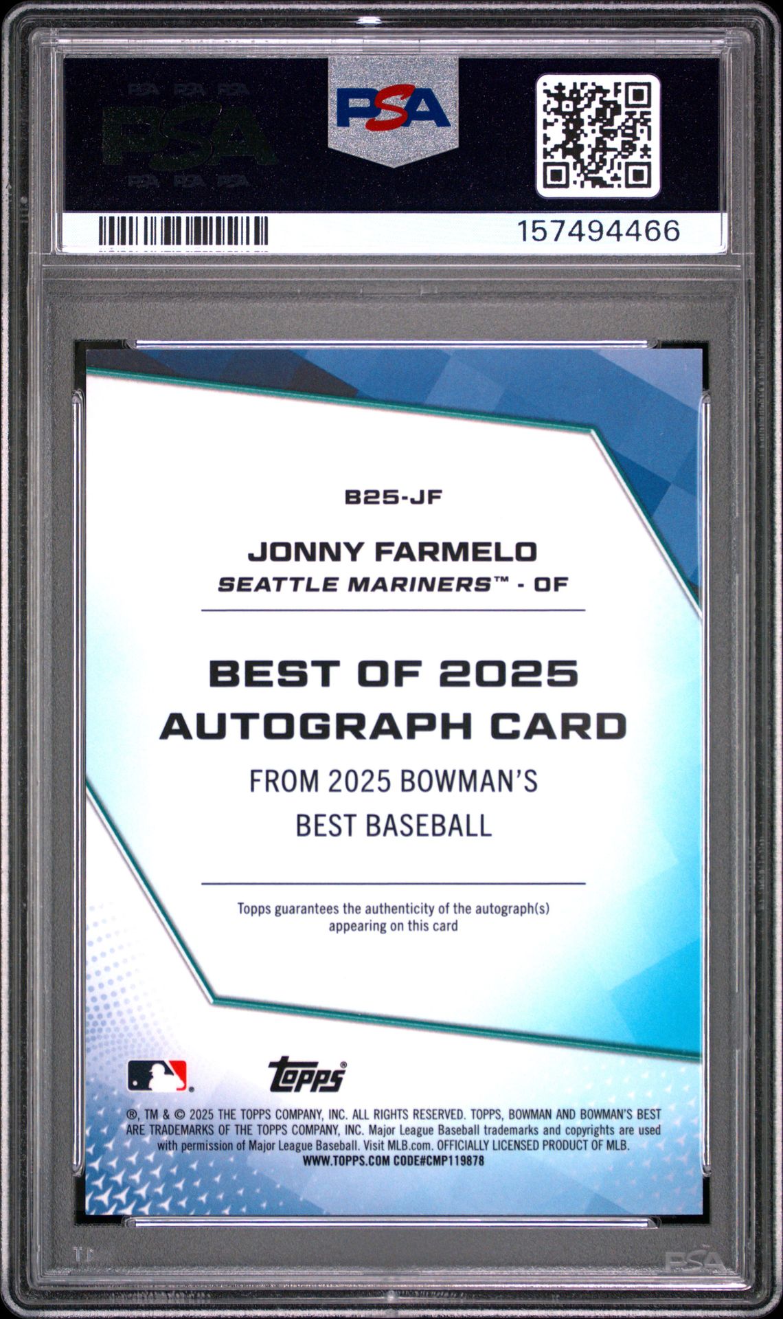 2025 Bowman's Best Best Of 2025 Autographs Jonny Farmelo #B25-Jf (Best Of 2025 Auto-Gold Ref) Mint 9 back