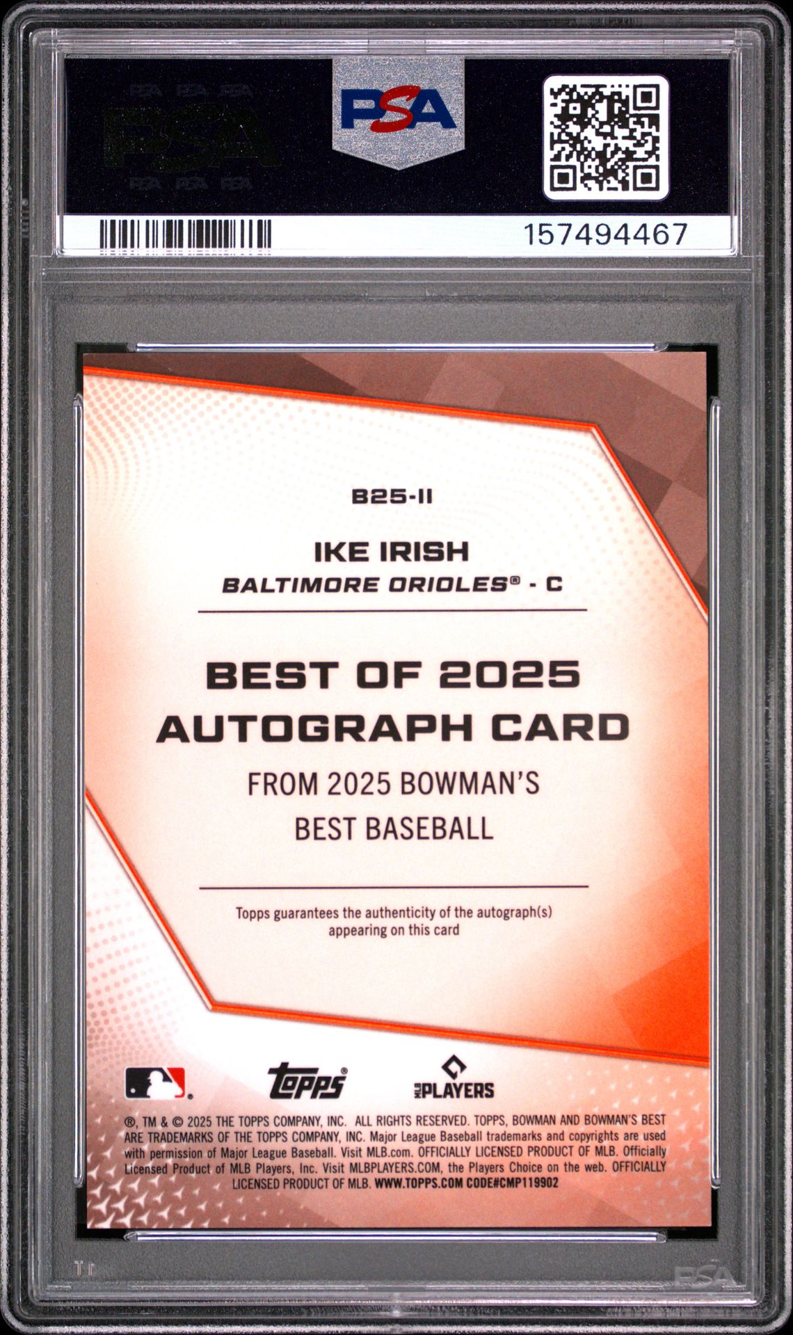 2025 Bowman's Best Best Of 2025 Autographs Ike Irish #B25-Ii (Best Of 2025 Auto-Purple Ref) Gem Mt 10 back view - PSA certificate #157494467