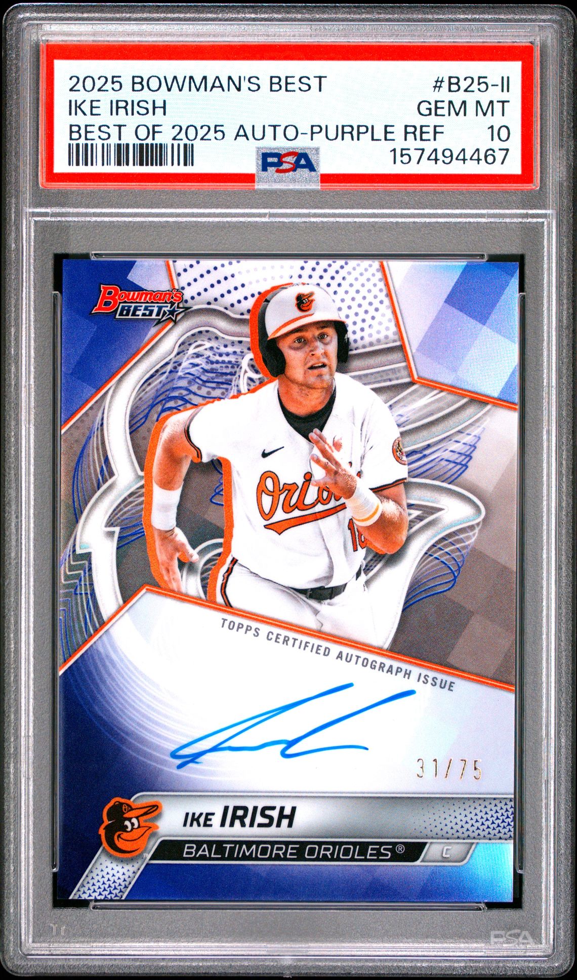 2025 Bowman's Best Best Of 2025 Autographs Ike Irish #B25-Ii (Best Of 2025 Auto-Purple Ref) Gem Mt 10 front view - PSA graded GEM MT 10