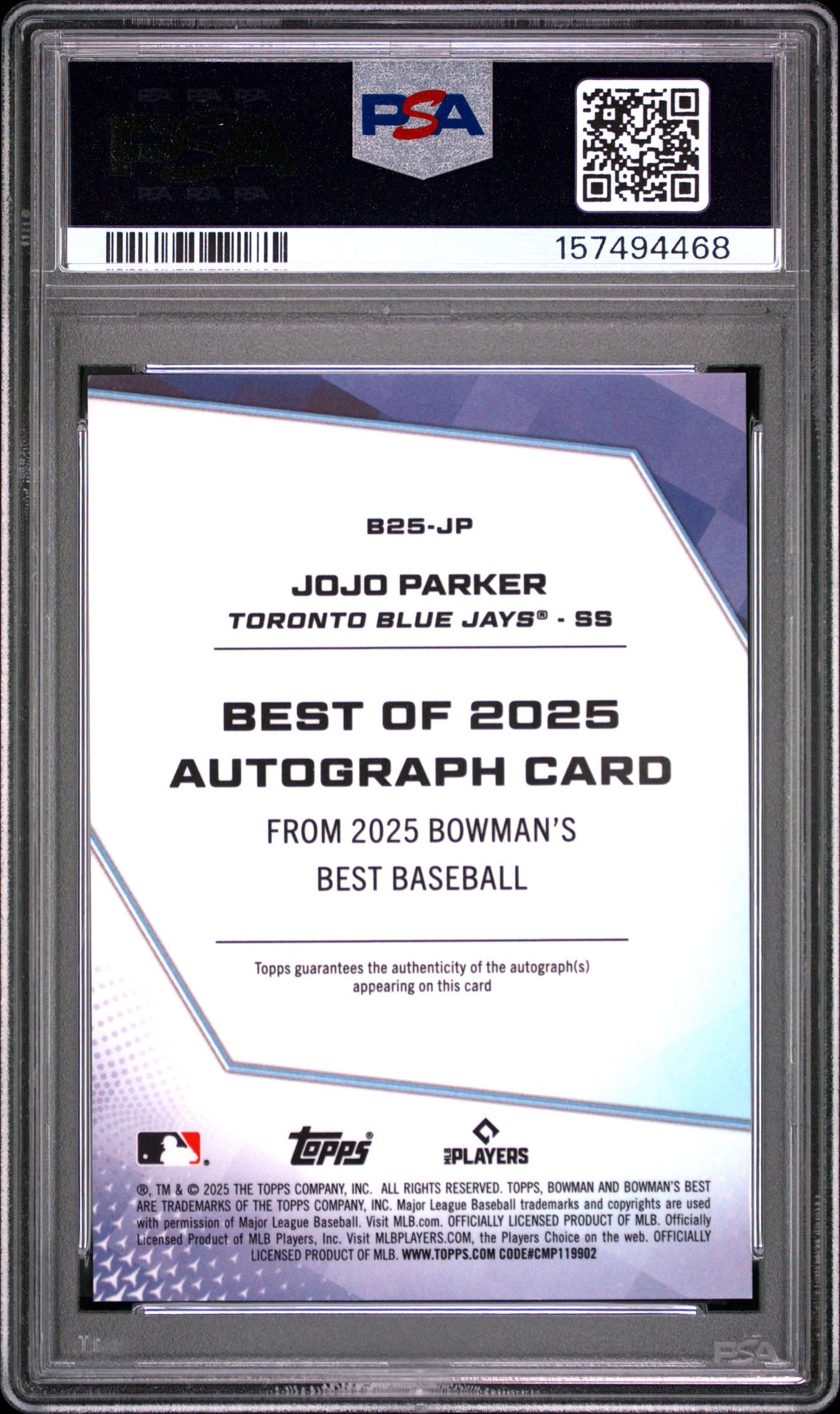 2025 Bowman's Best Best Of 2025 Autographs Jojo Parker #B25-Jp (Best Of 2025 Auto-Purple Ref) Gem Mt 10 back
