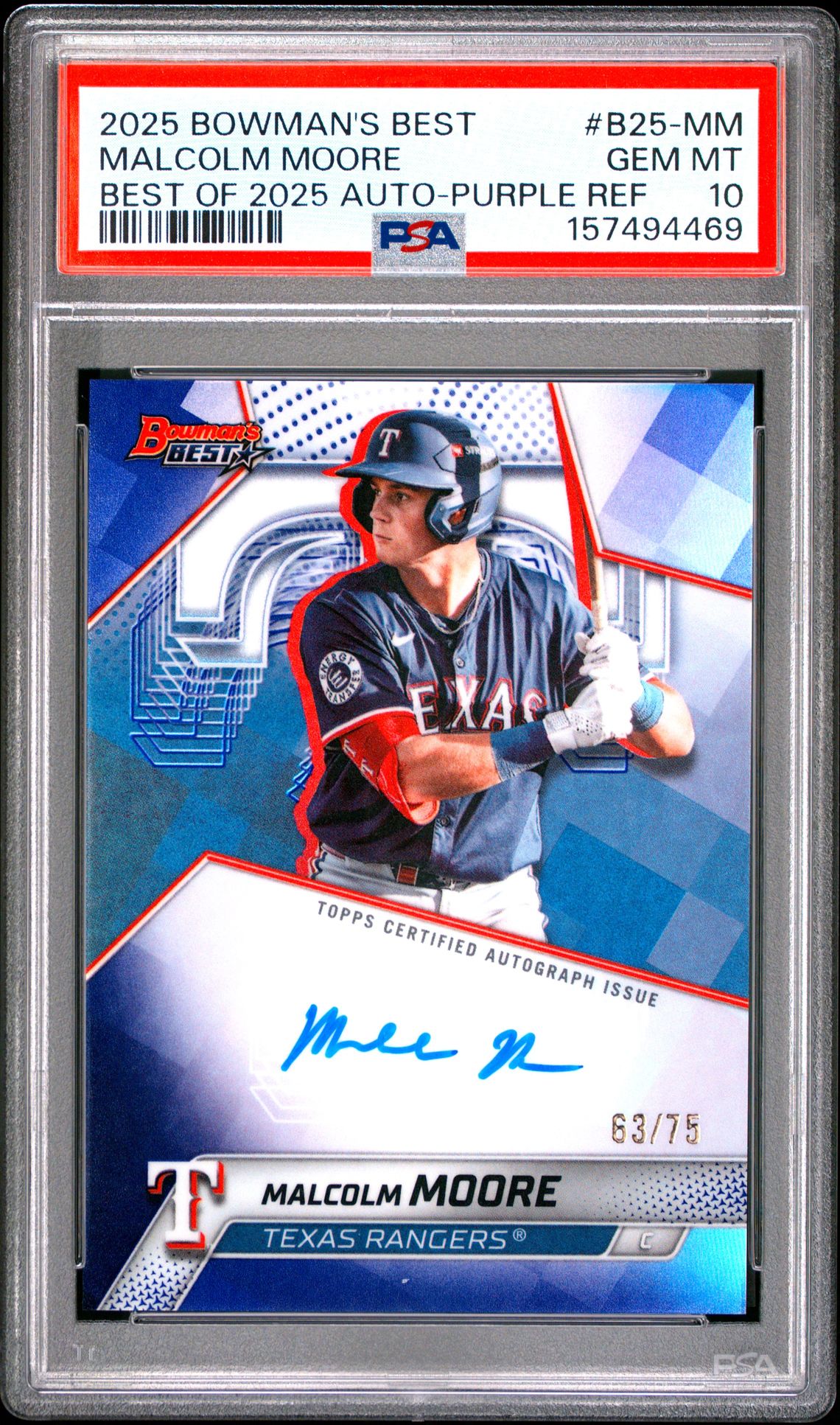 2025 Bowman's Best Best Of 2025 Autographs Malcolm Moore #B25-Mm (Best Of 2025 Auto-Purple Ref) Gem Mt 10 front view - PSA graded GEM MT 10