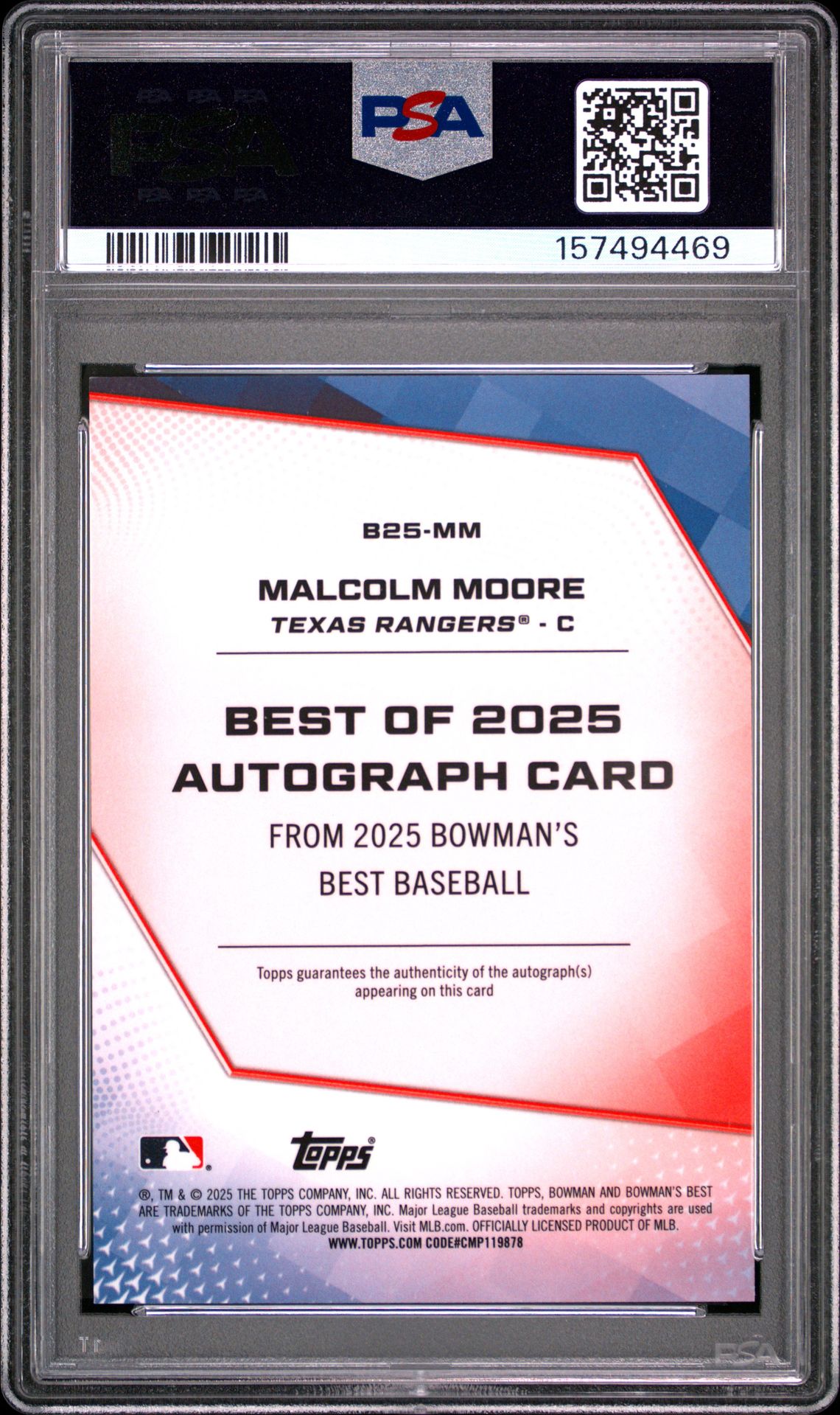 2025 Bowman's Best Best Of 2025 Autographs Malcolm Moore #B25-Mm (Best Of 2025 Auto-Purple Ref) Gem Mt 10 back view - PSA certificate #157494469