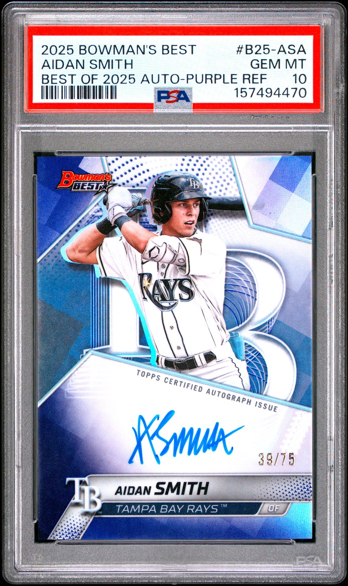 2025 Bowman's Best Best Of 2025 Autographs Aidan Smith #B25-Asa (Best Of 2025 Auto-Purple Ref) Gem Mt 10 front view - PSA graded GEM MT 10