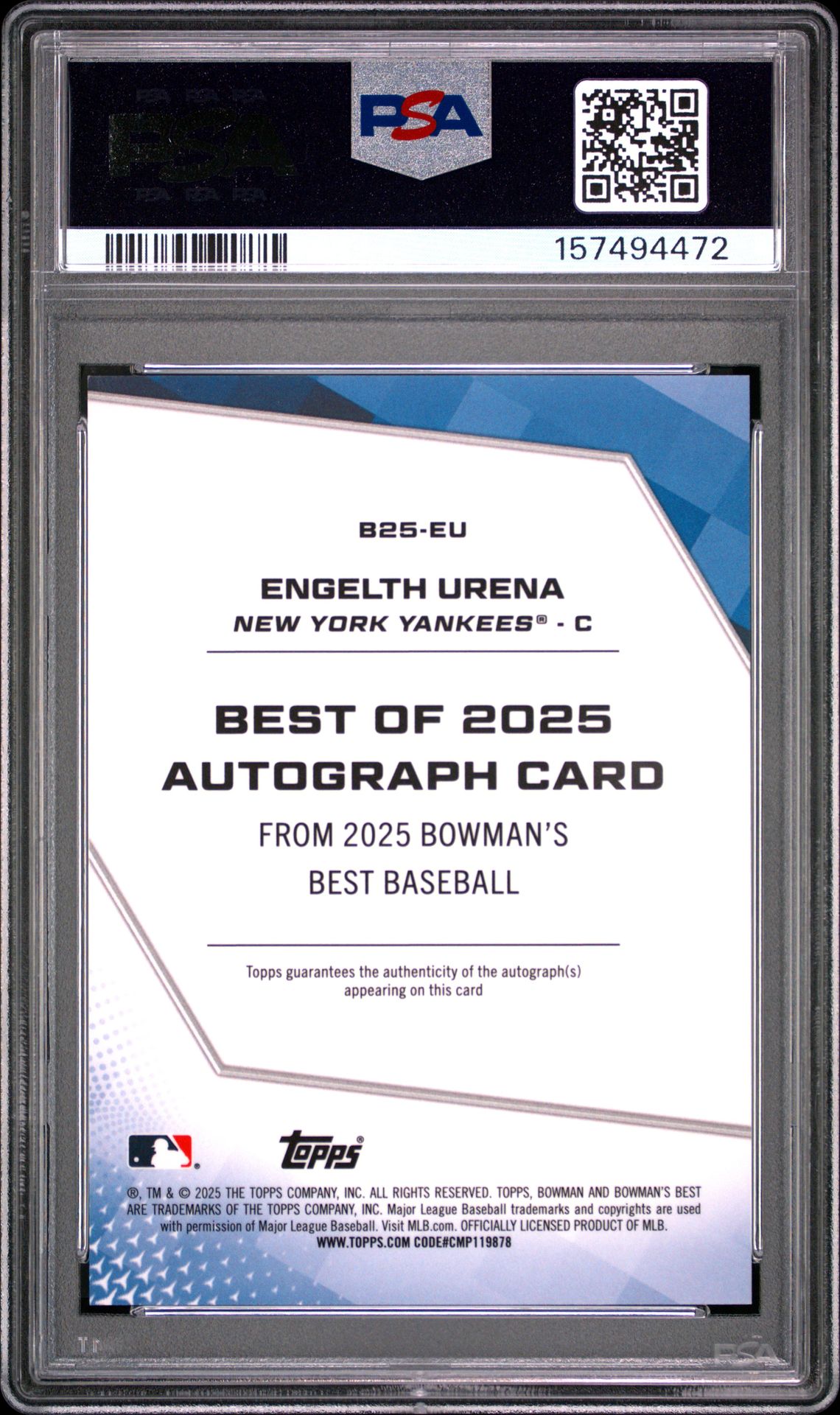 2025 Bowman's Best Best Of 2025 Autographs Engelth Urena #B25-Eu (Best Of 2025 Auto-Green Ref) Gem Mt 10 back view - PSA certificate #157494472