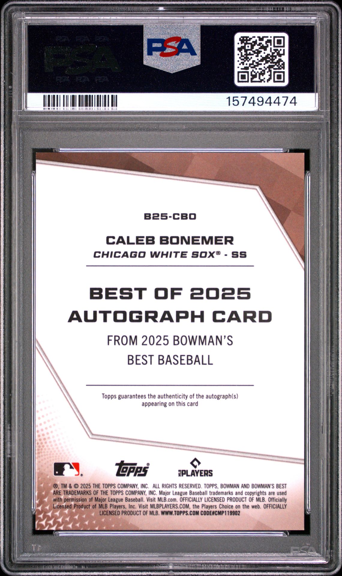 2025 Bowman's Best Best Of 2025 Autographs Caleb Bonemer #B25-Cbo Gem Mt 10 back view - PSA certificate #157494474