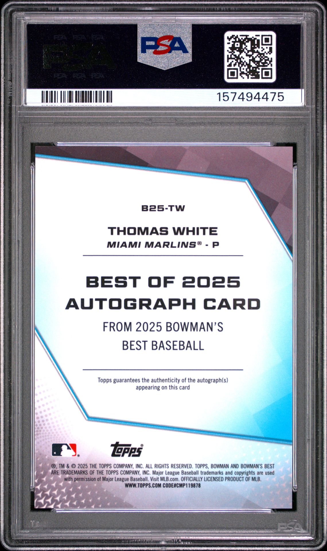 2025 Bowman's Best Best Of 2025 Autographs Thomas White #B25-Tw Gem Mt 10 back view - PSA certificate #157494475