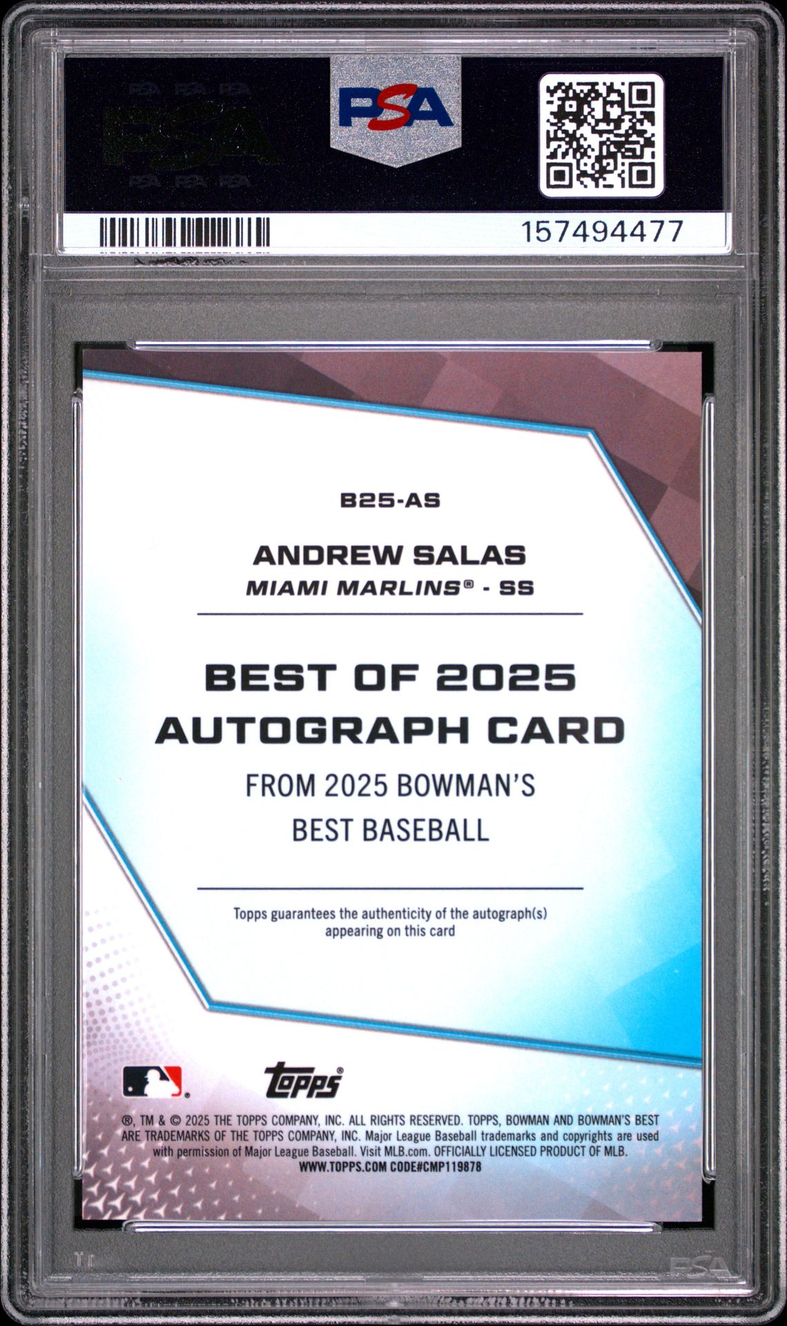 2025 Bowman's Best Best Of 2025 Autographs Andrew Salas #B25-As Gem Mt 10 back view - PSA certificate #157494477