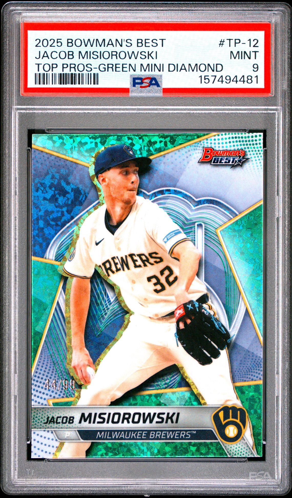 2025 Bowman's Best Top Prospects Jacob Misiorowski #Tp-12 (Top Pros-Green Mini Diamond) Mint 9 front