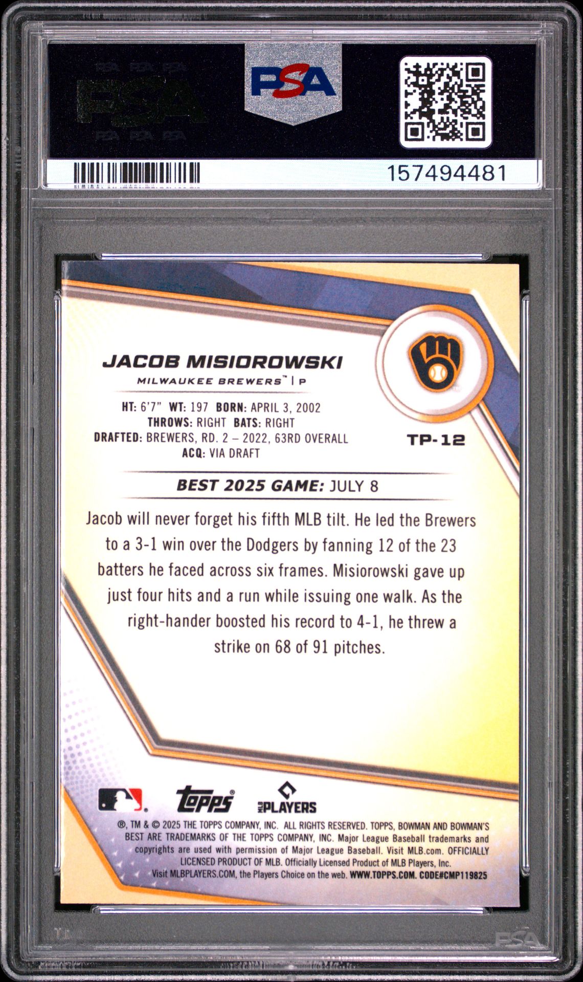 2025 Bowman's Best Top Prospects Jacob Misiorowski #Tp-12 (Top Pros-Green Mini Diamond) Mint 9 back