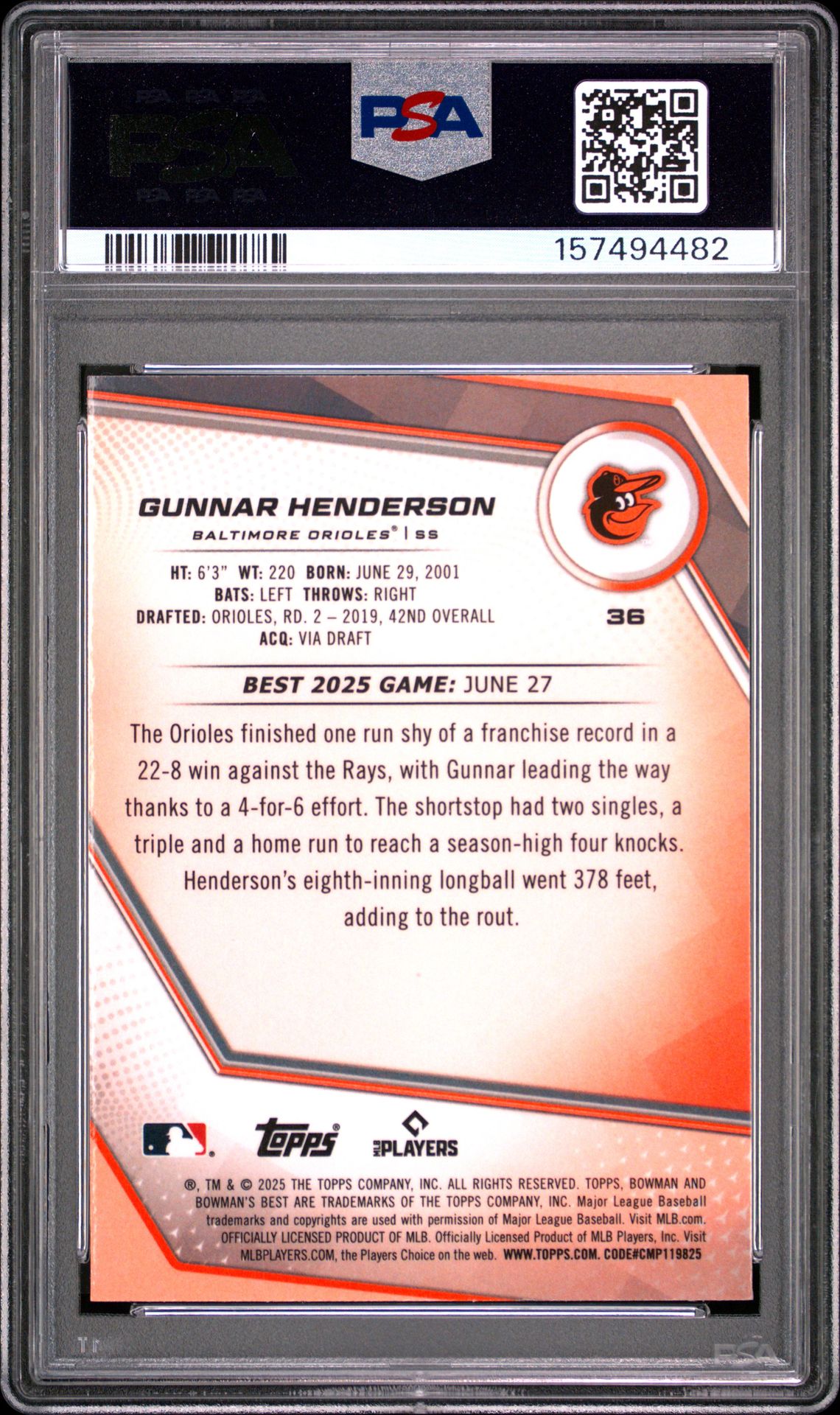 2025 Bowman's Best Gunnar Henderson #36 (Blue Lazer) Nm-Mt 8 back