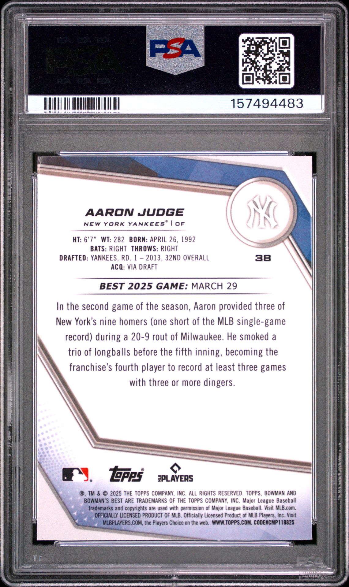 2025 Bowman's Best Aaron Judge #38 (Aqua Refractor) Mint 9 back