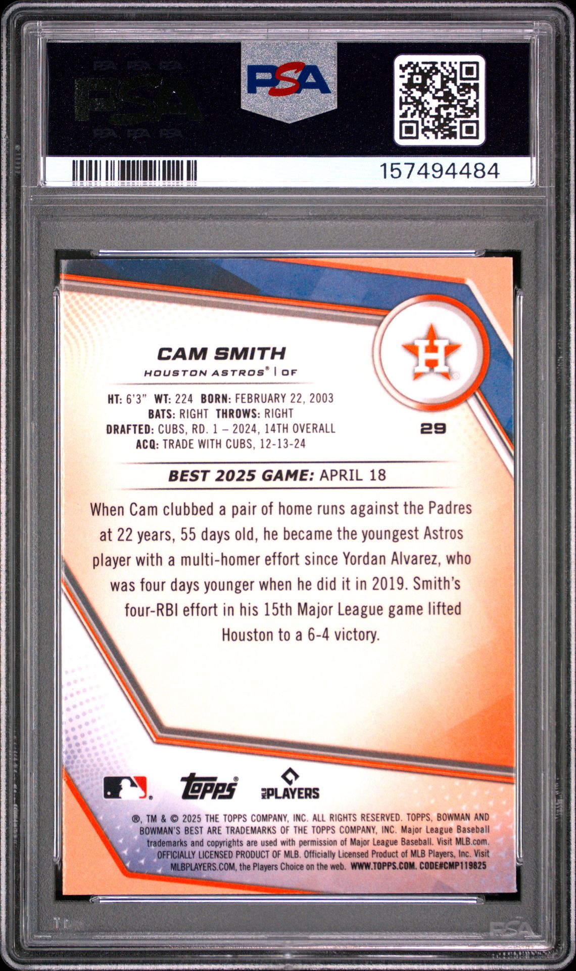 2025 Bowman's Best Cam Smith #29 (Lazer Refractor) Gem Mt 10 back view - PSA certificate #157494484