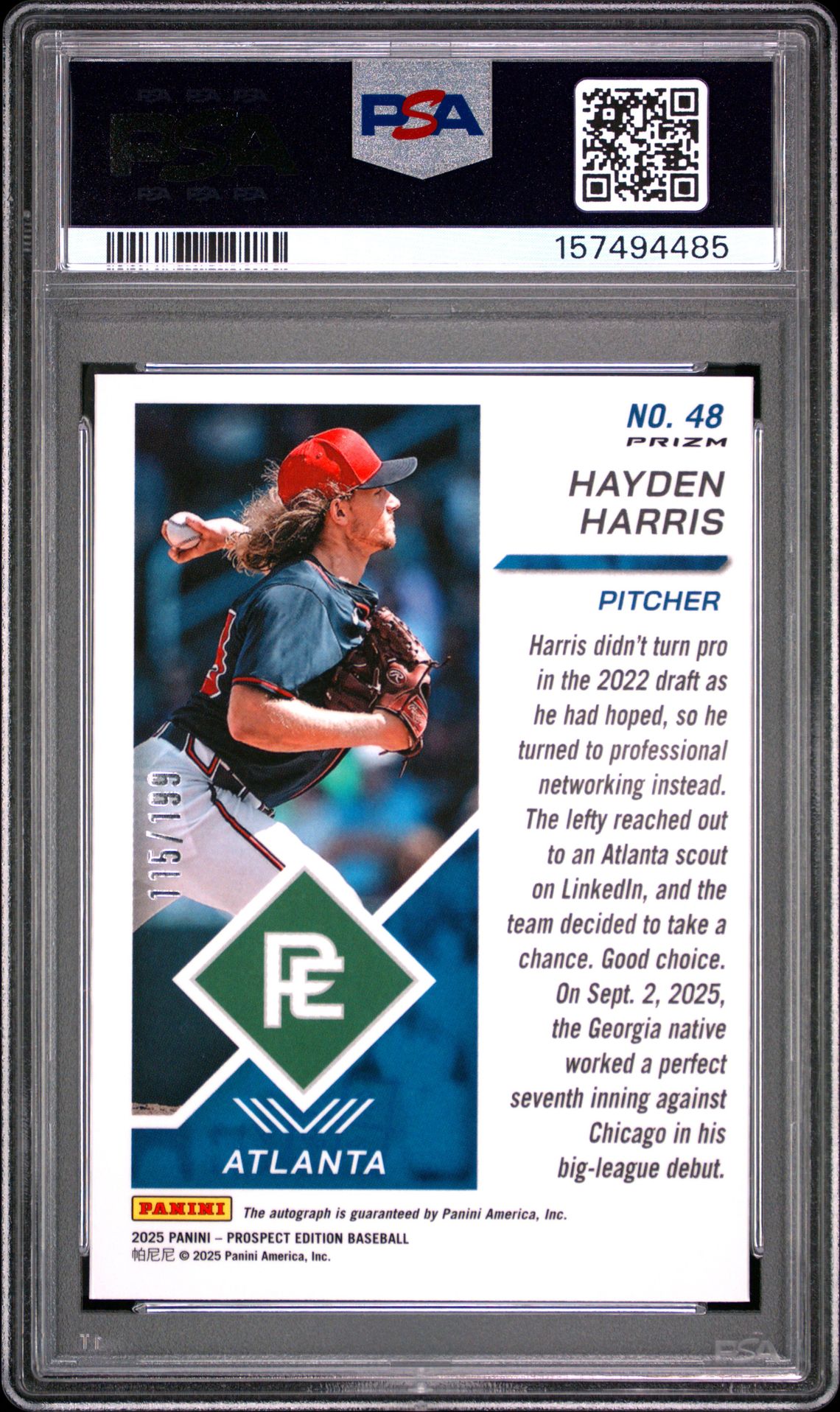 2025 Panini Prospect Edition Prospect Ticket Hayden Harris #48 (Holo-Signature-Red Prizm) Gem Mt 10 back view - PSA certificate #157494485