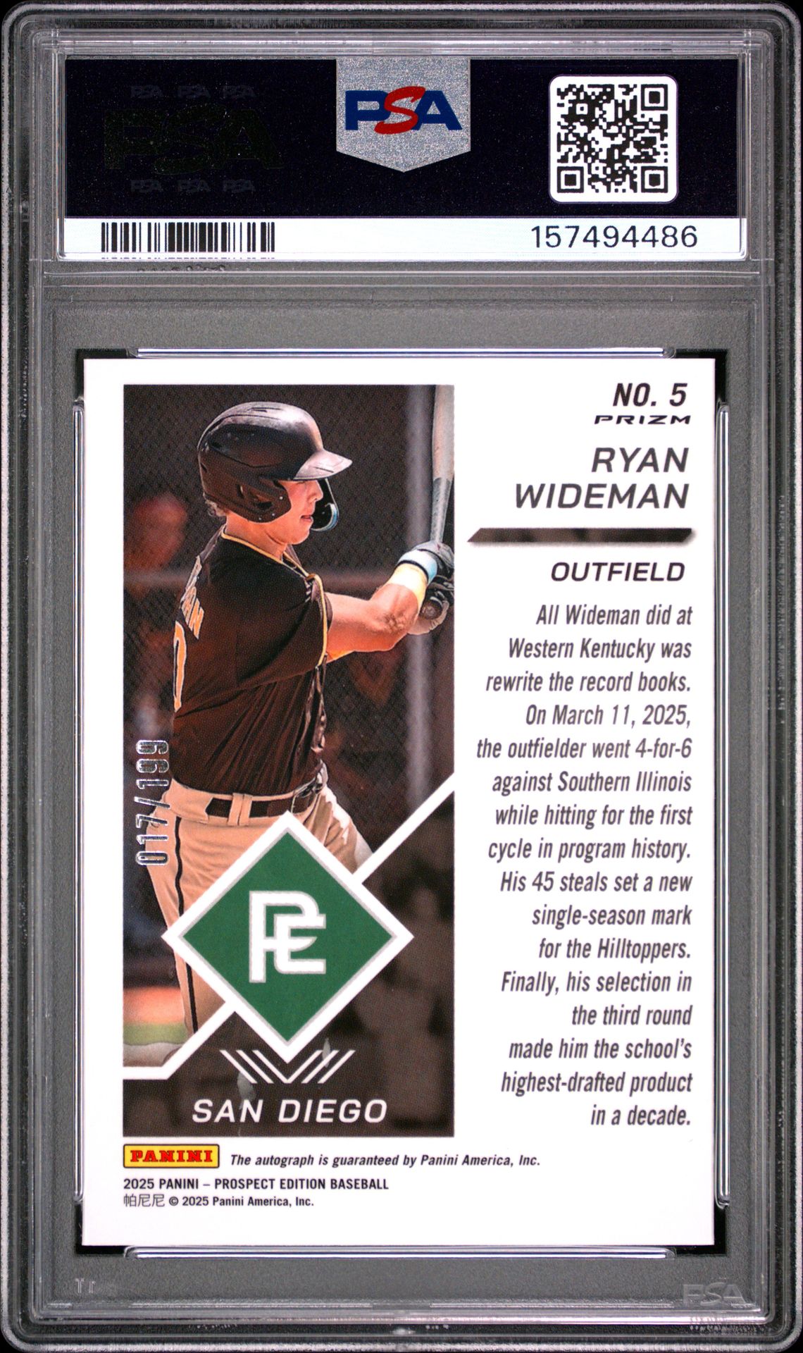 2025 Panini Prospect Edition Prospect Ticket Ryan Wideman #5 (Holo-Signature-Red Prizm) Gem Mt 10 back