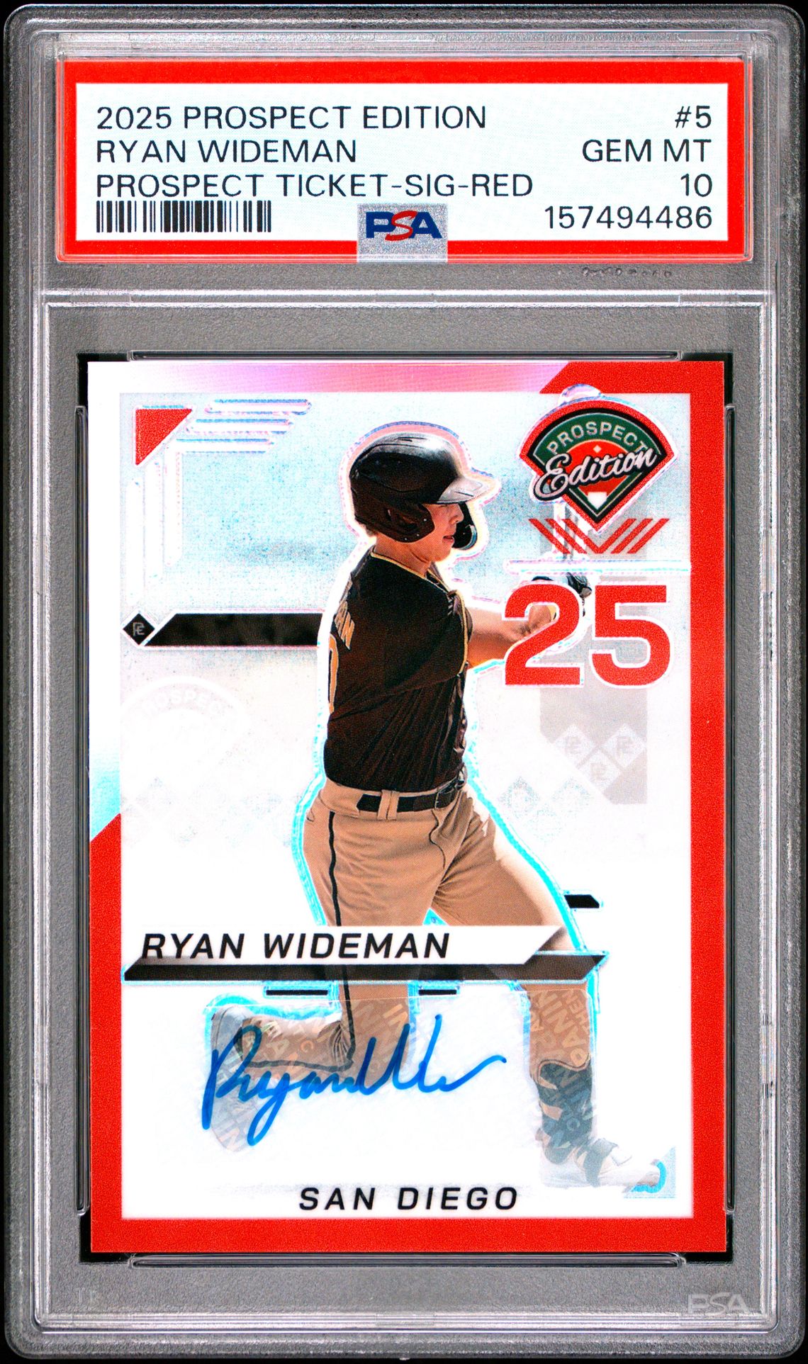 2025 Panini Prospect Edition Prospect Ticket Ryan Wideman #5 (Holo-Signature-Red Prizm) Gem Mt 10 front