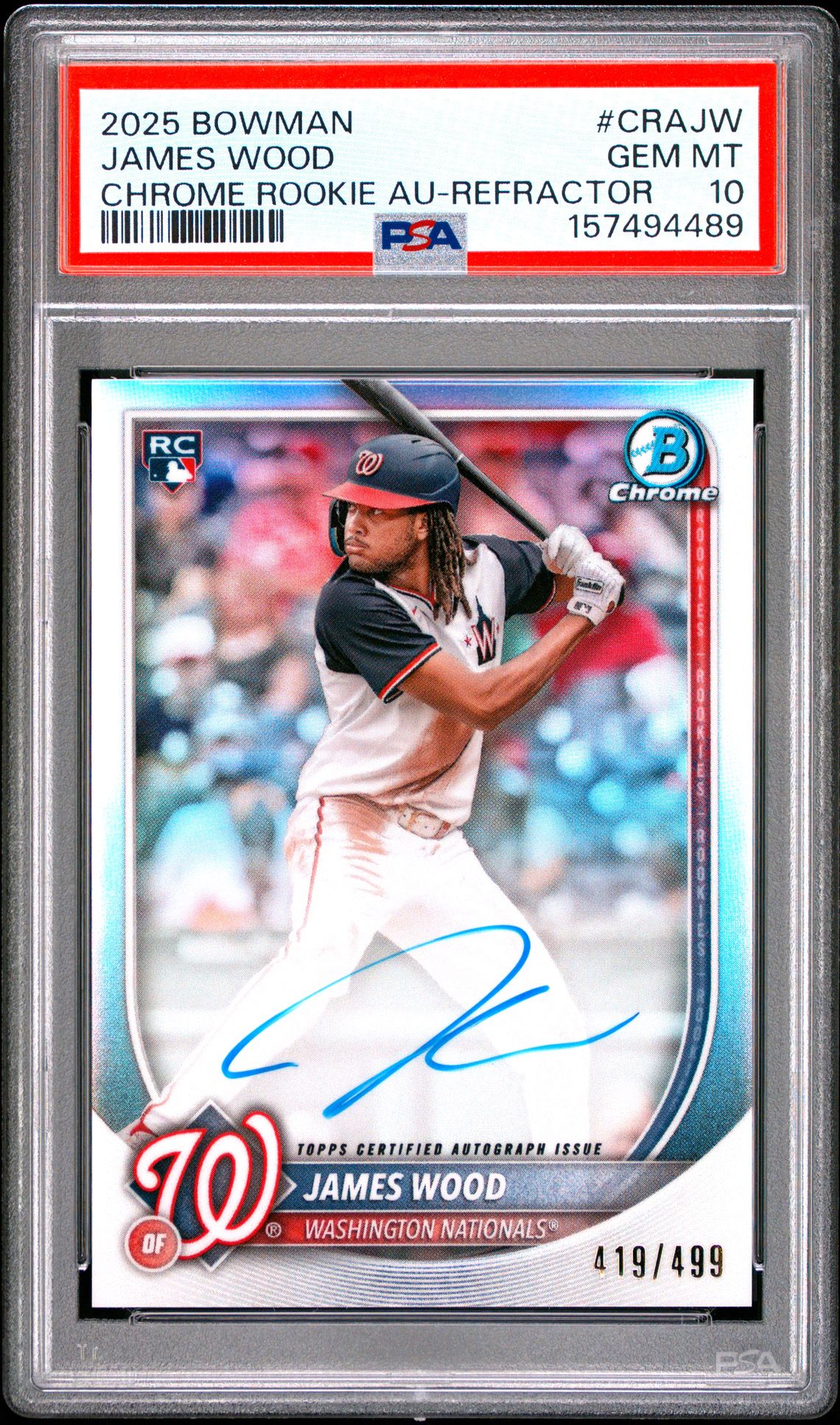 2025 Bowman Chrome Rookie Autographs James Wood #Crajw (Chrome Rookie Au-Refractor) Gem Mt 10 front view - PSA graded GEM MT 10