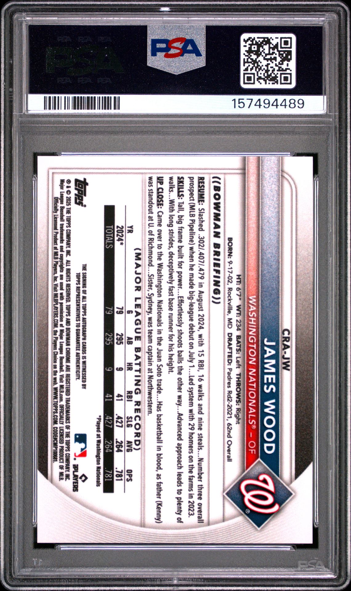 2025 Bowman Chrome Rookie Autographs James Wood #Crajw (Chrome Rookie Au-Refractor) Gem Mt 10 back view - PSA certificate #157494489