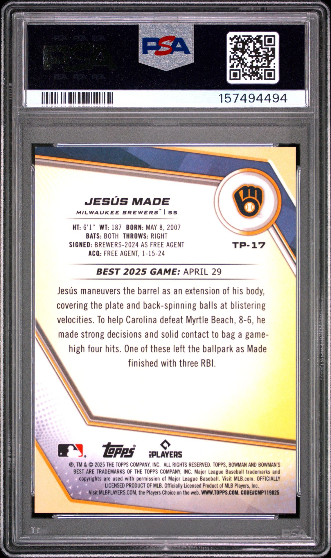 2025 Bowman's Best Top Prospects Jesus Made #Tp-17 (Top Pros-Yellow Refractor) Mint 9 back