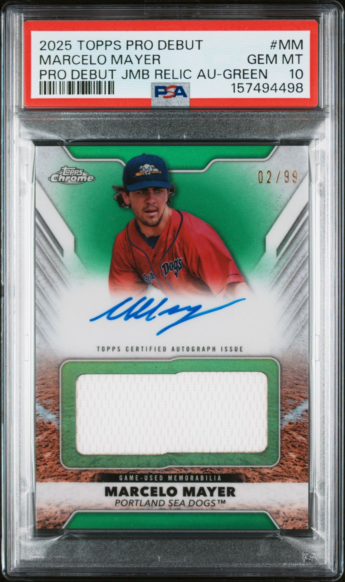 2025 Topps Pro Debut Chrome Pro Debut Jumbo Relic Autographs Marcelo Mayer #Mm (Pro Debut Jmb Relic Au-Green) Gem Mt 10 front view - PSA graded GEM MT 10
