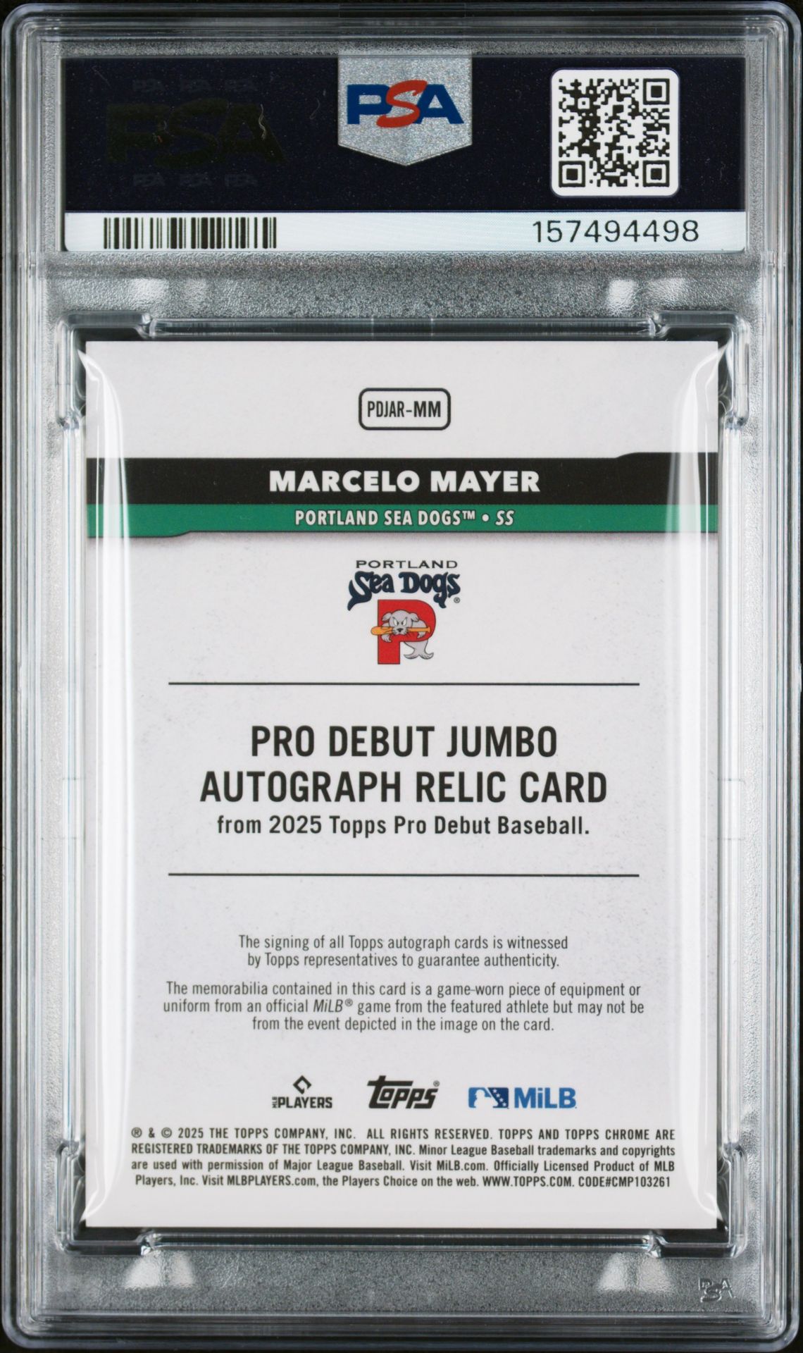 2025 Topps Pro Debut Chrome Pro Debut Jumbo Relic Autographs Marcelo Mayer #Mm (Pro Debut Jmb Relic Au-Green) Gem Mt 10 back view - PSA certificate #157494498