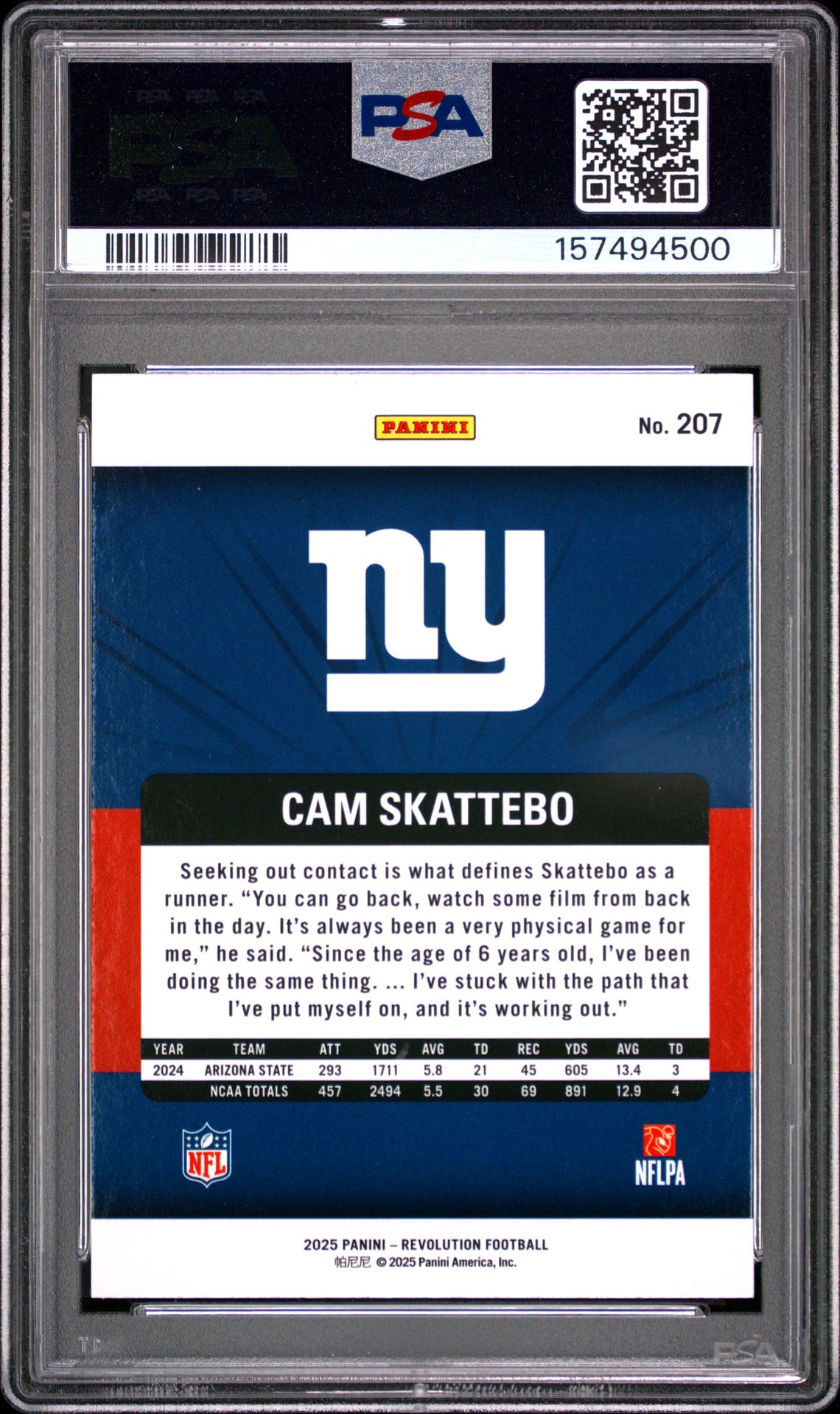 2025 Panini Revolution Cam Skattebo #207 Gem Mt 10 back view - PSA certificate #157494500