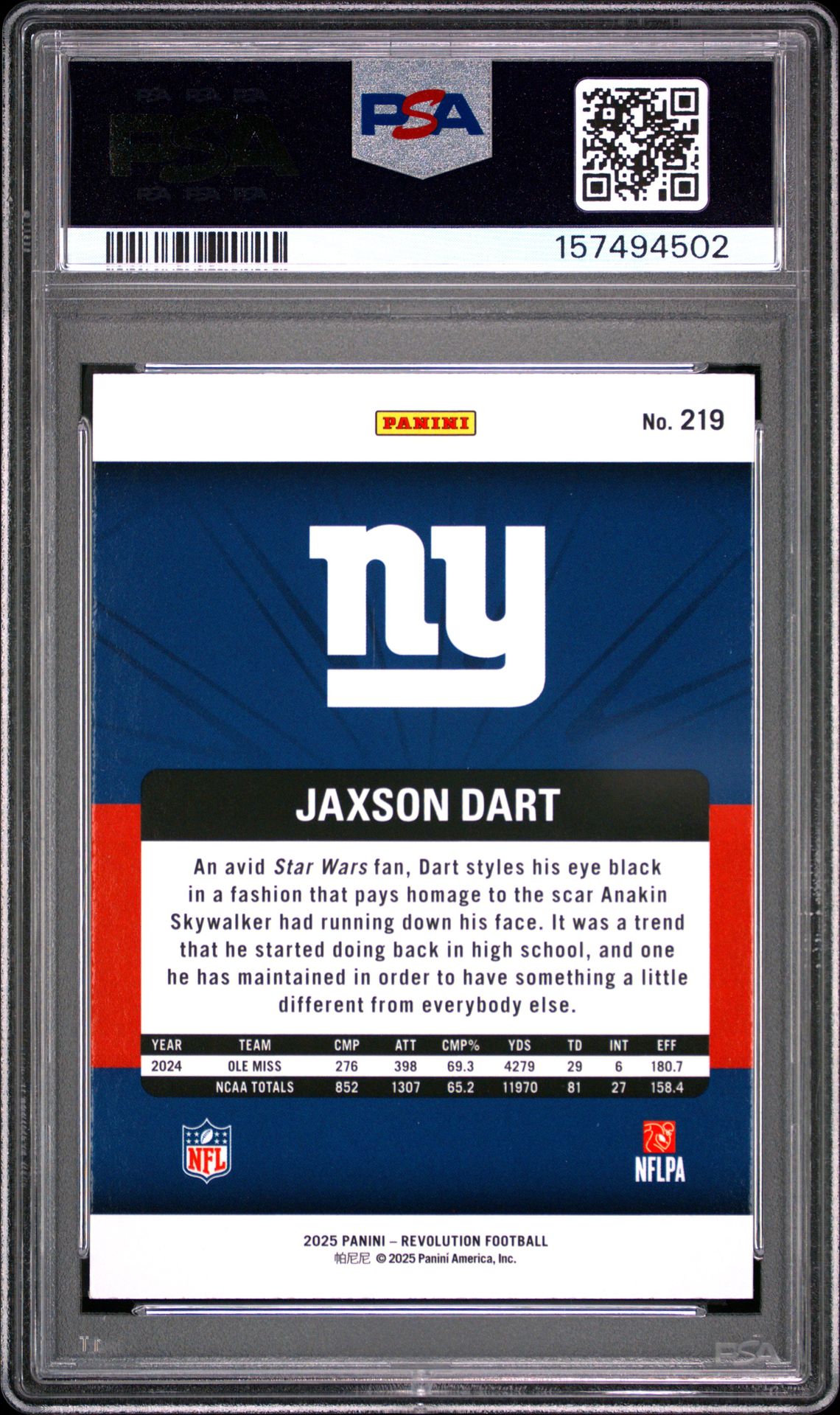 2025 Panini Revolution Jaxson Dart #219 Gem Mt 10 back view - PSA certificate #157494502