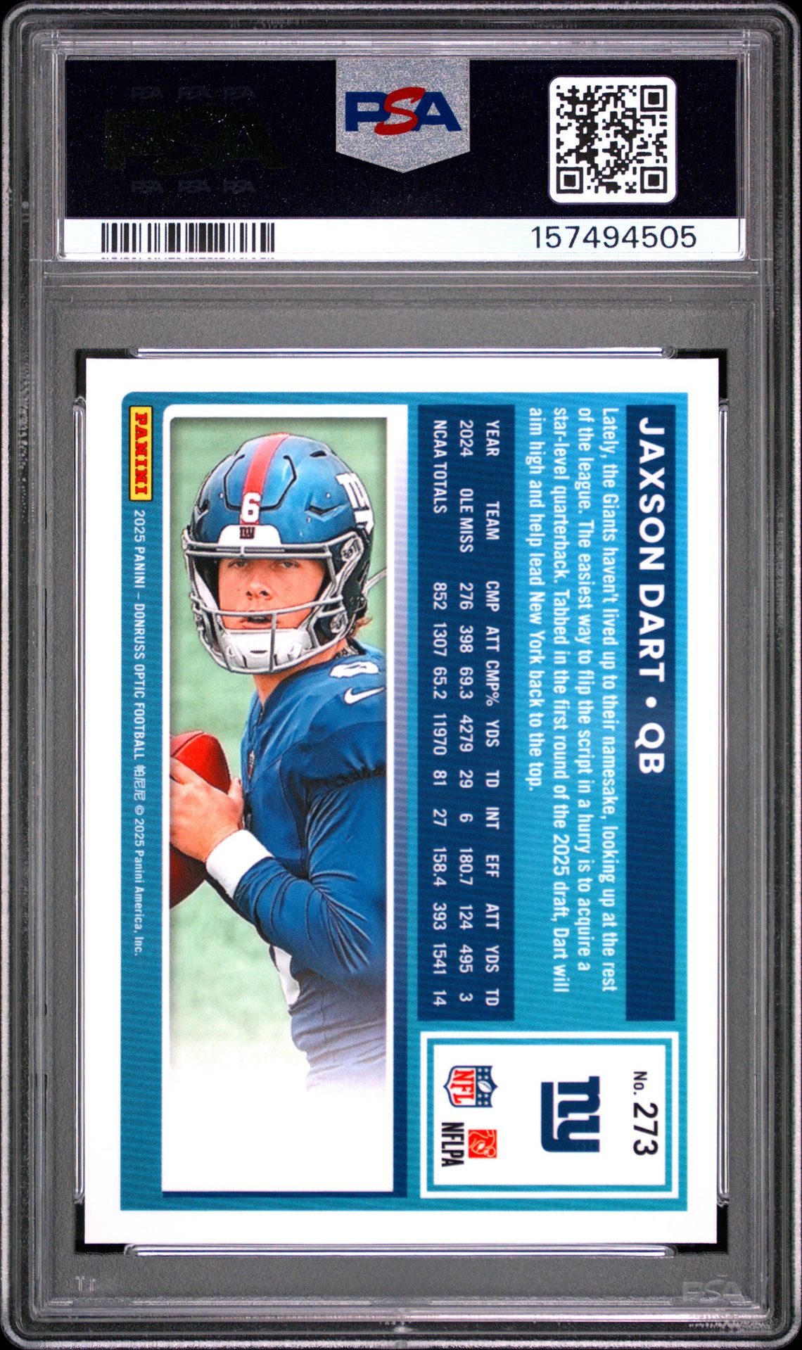 2025 Panini Donruss Optic Jaxson Dart #273 Mint 9 back