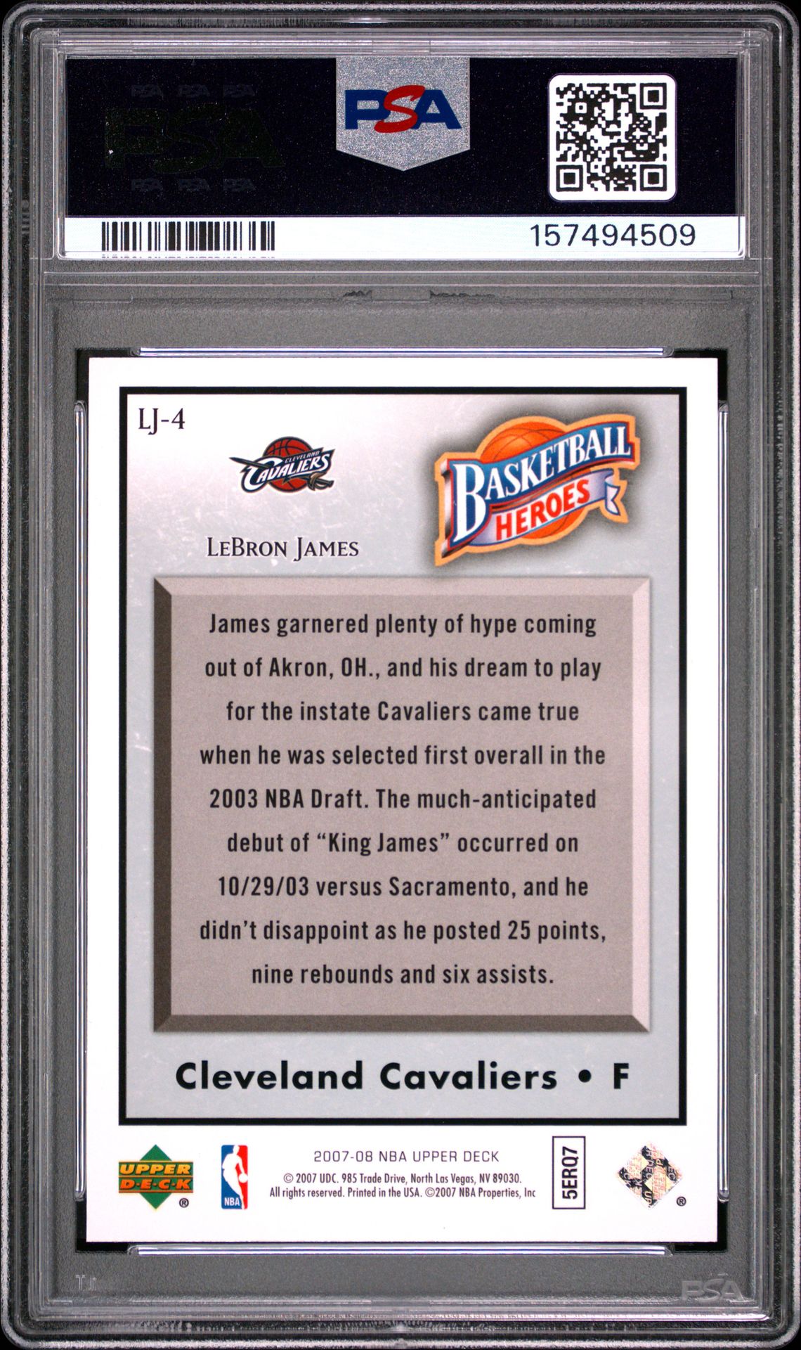 2007 Upper Deck Nba Heroes Lebron James Lebron James #Lj-4 Gem Mt 10 back view - PSA certificate #157494509