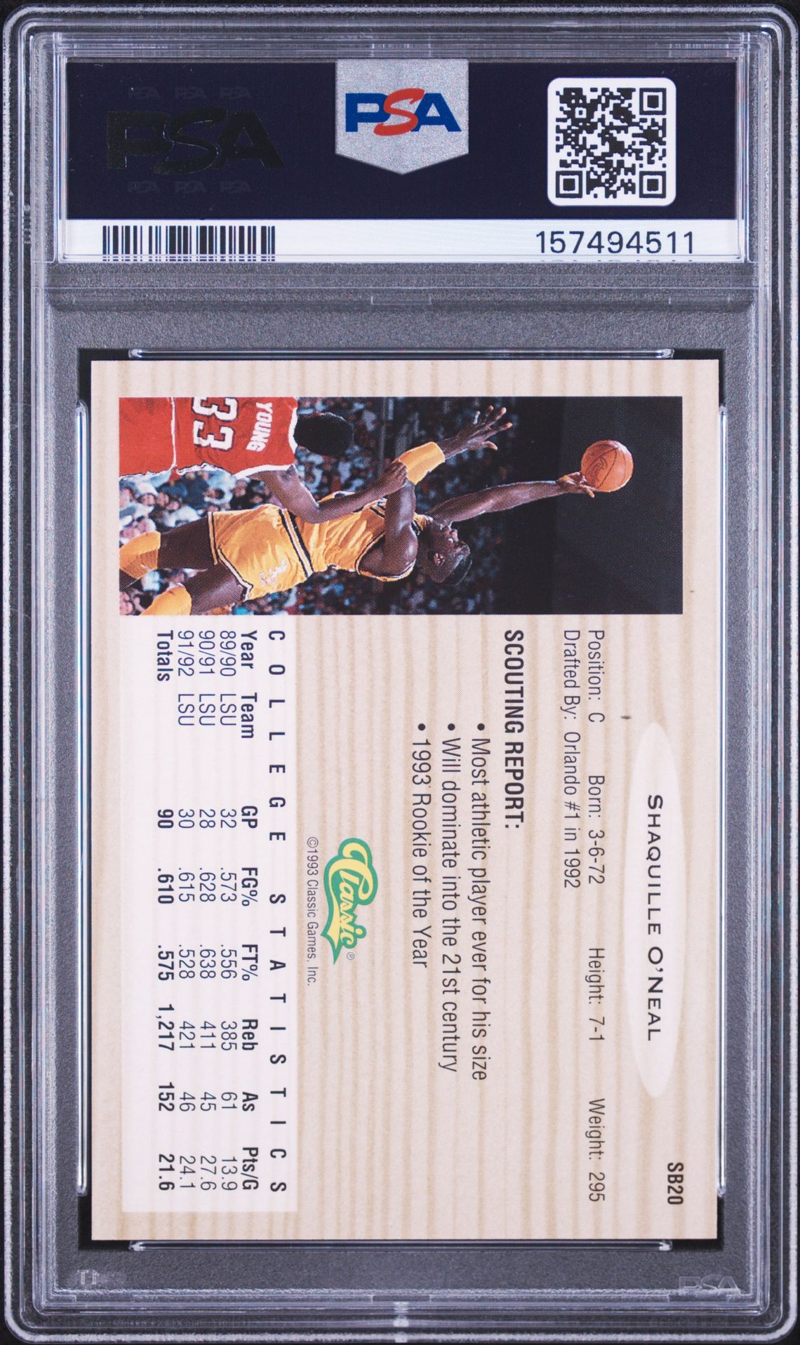 1993 Classic Special Bonus Shaquille O'neal #Sb20 (Special Bonus) Mint 9 back