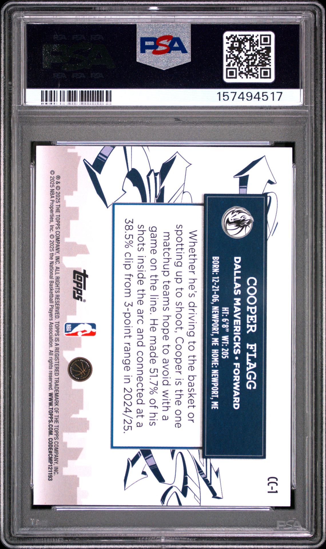 2025 TOPPS CLUTCH CITY PROSPECTS COOPER FLAGG  CC-1 GEM MT 10 back