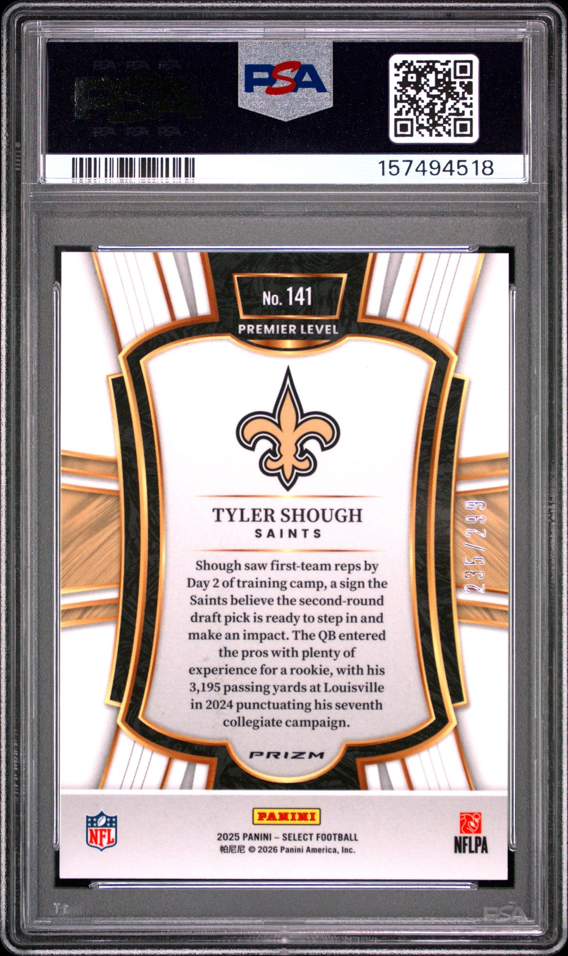 2025 Panini Select Tyler Shough #141 (Tri-Color Prizm) Nm-Mt 8 back