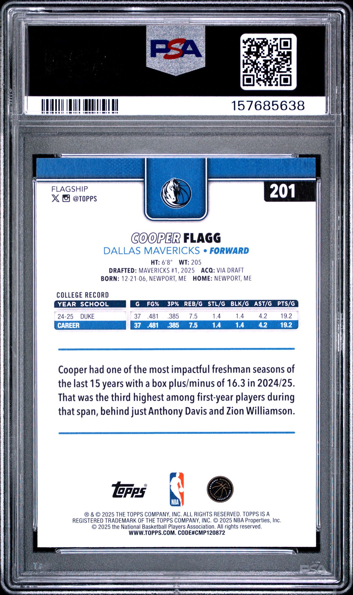 2025 Topps Cooper Flagg #201 Gem Mt 10 back view - PSA certificate #157685638