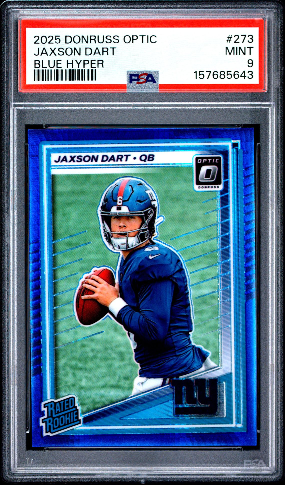 2025 Panini Donruss Optic Jaxson Dart #273 (Blue Hyper) Mint 9 front