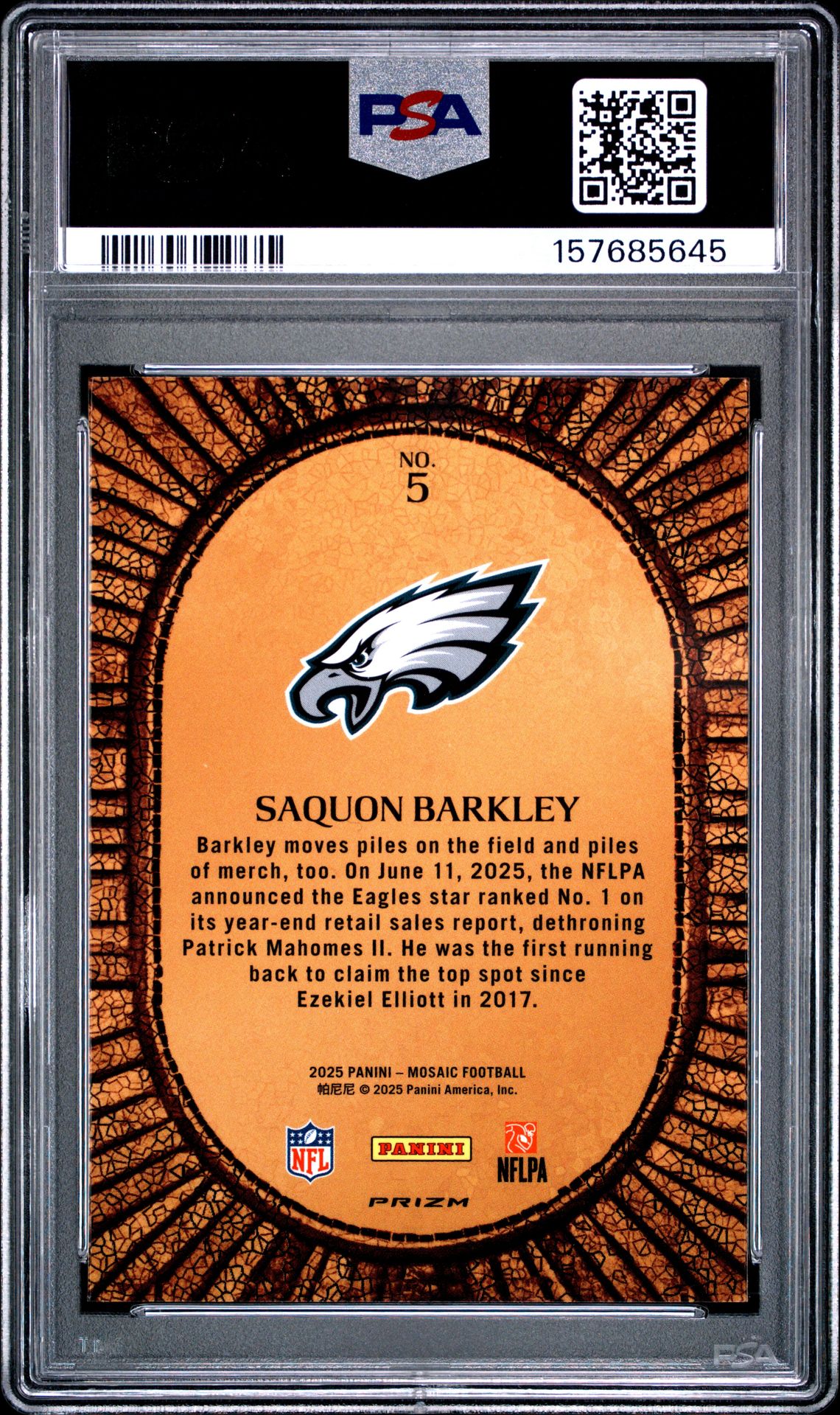 2025 Panini Mosaic Micro Mosaic Saquon Barkley #5 Gem Mt 10 back view - PSA certificate #157685645