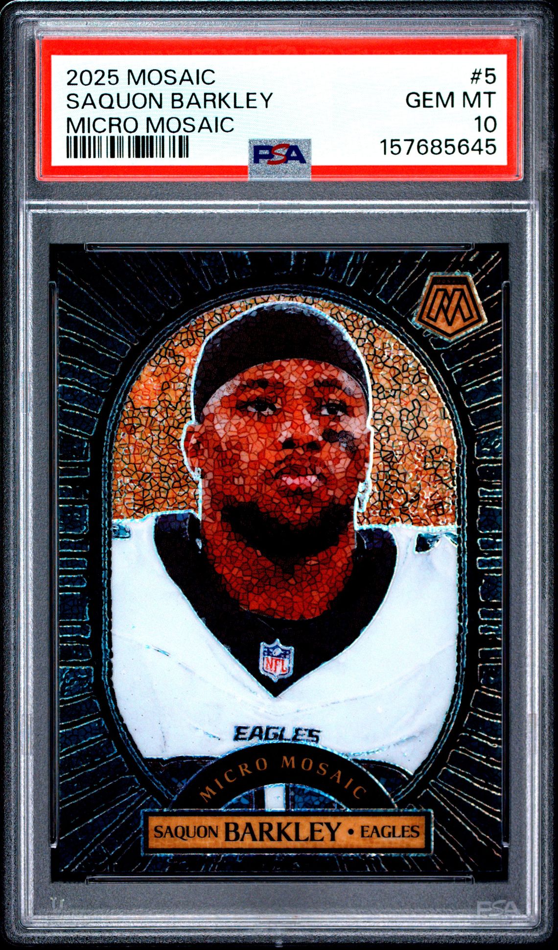 2025 Panini Mosaic Micro Mosaic Saquon Barkley #5 Gem Mt 10 front view - PSA graded GEM MT 10